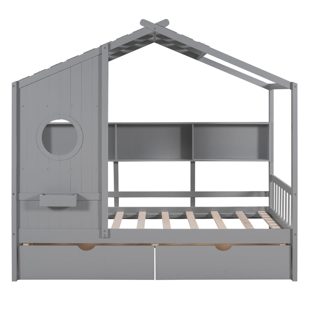 Wooden Twin Size House Bed with 2 Drawers,Kids Bed with Storage Shelf, Gray(Old SKU: HL000051AAE)