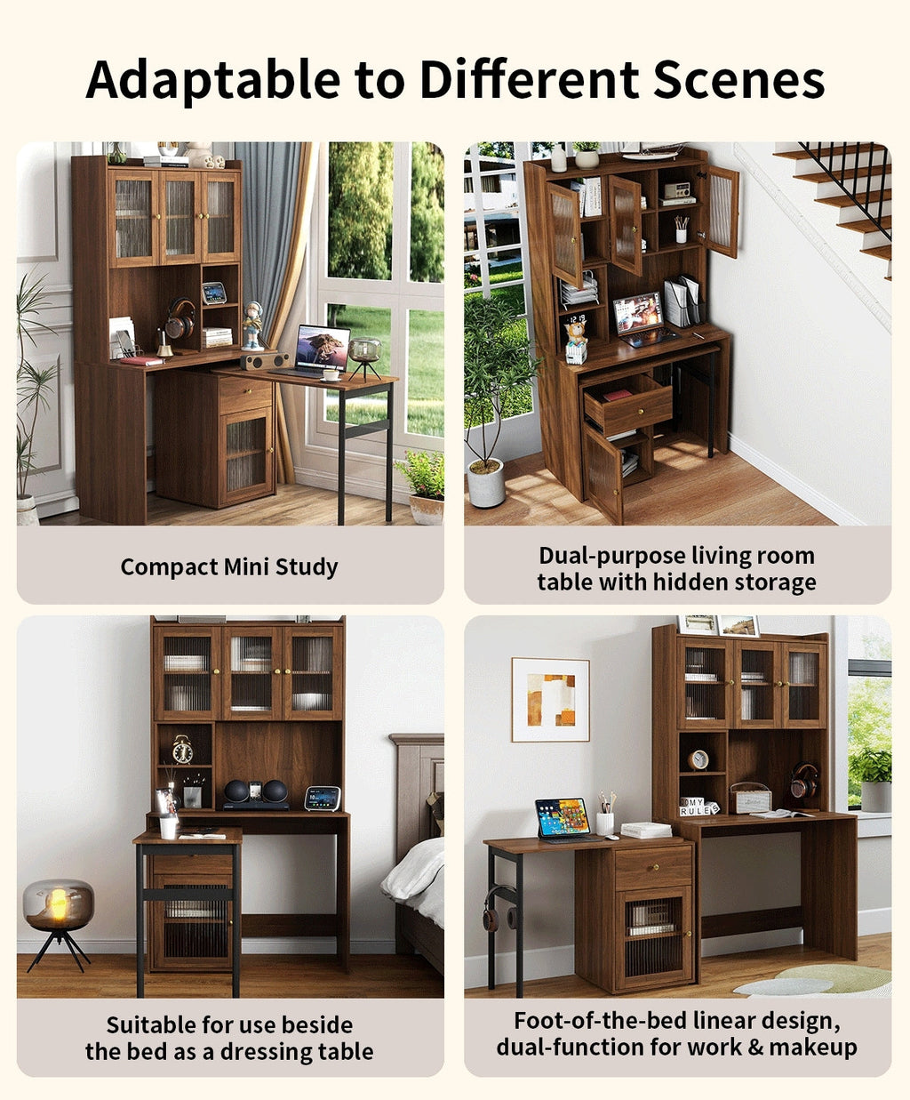 Computer Desk with glass door for Home Office or Study desk,  Bookshelf & Hutch, Computer Desk with 90 Degree Rotating Desktop,Large Working Space