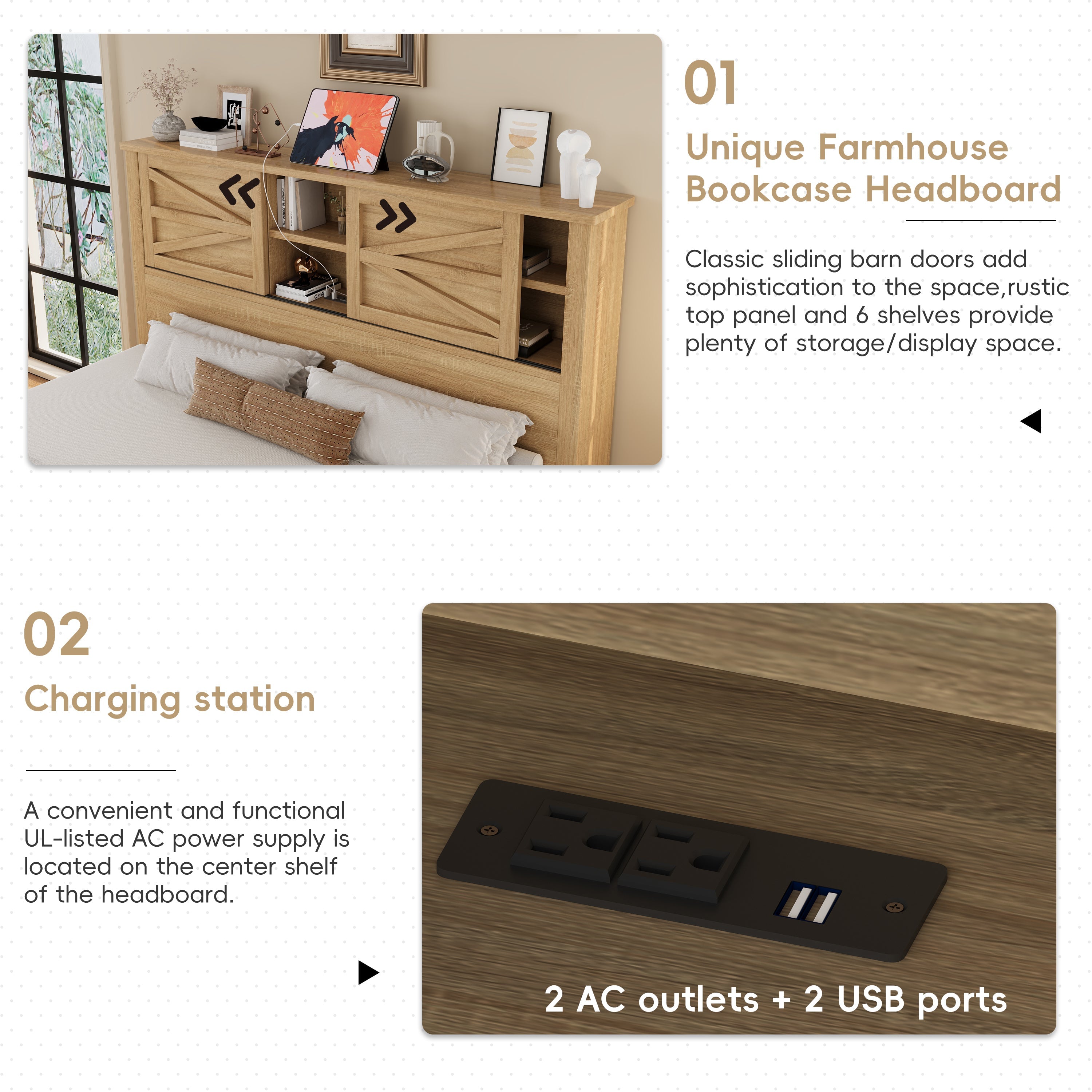 3-Pieces Bedroom Sets Queen Size Farmhouse Platform Bed with Double Sliding Door Storage Headboard and Charging Station, Storage Nightstand and Dresser, Natural
