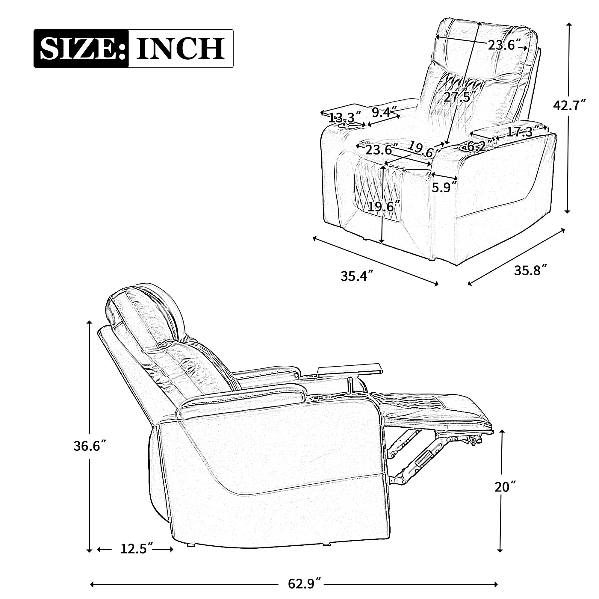 Power Motion Recliner with USB Charging Port, Hidden Arm Storage, 2 Cup Holders, 360° Swivel Tray Table, Brown PU Leather