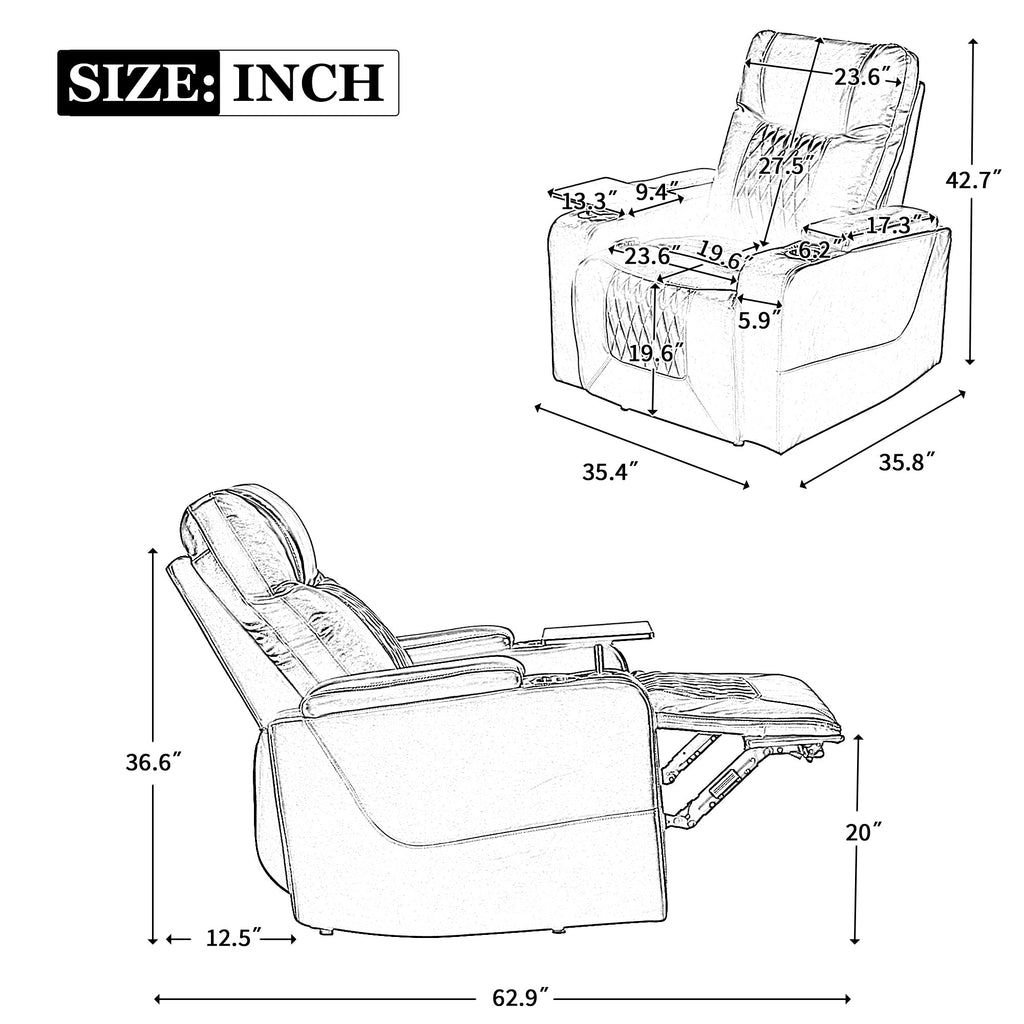 Power Motion Recliner with USB Charging Port, Hidden Arm Storage, and 360° Swivel Tray Table, Black PU Leather