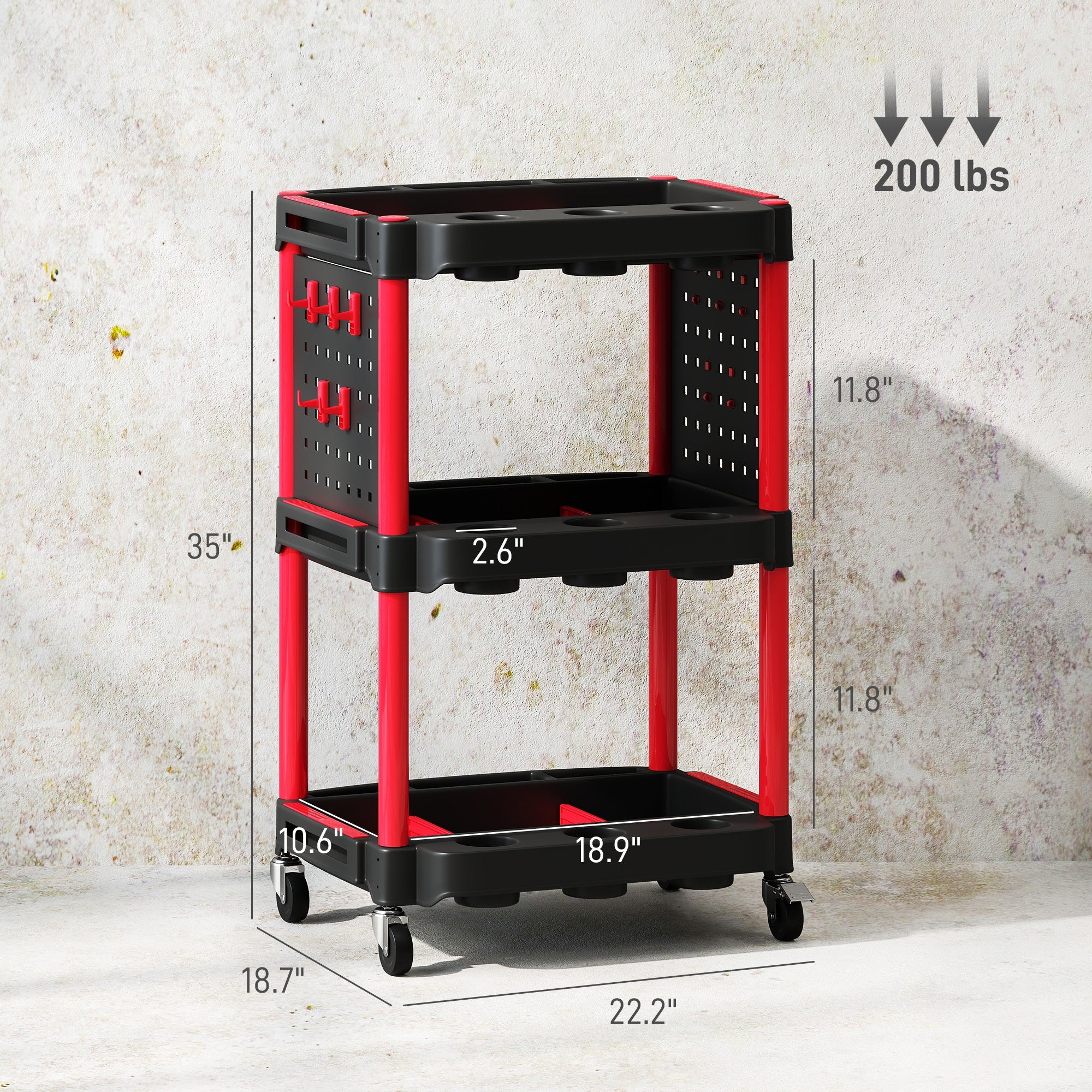 Capacity Plastic Utility Cart,3-Tier Rolling Tool Cart with Side Shelves for Garage, Workshop