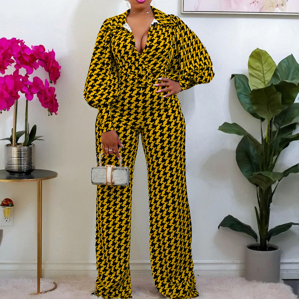 Loose Elastic V-neck Straight High Waist Jumpsuit