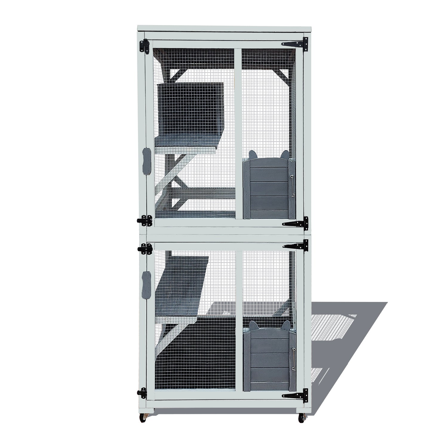 30.7'  Wooden Catio Outdoor Cat Enclosure, Luxury Cat House on Wheels with Napping House, 4 Platforms & Weatherproof Asphalt Roof, Large Kitty Cat Condo Cage Shelter Playpen with Sliding Doors
