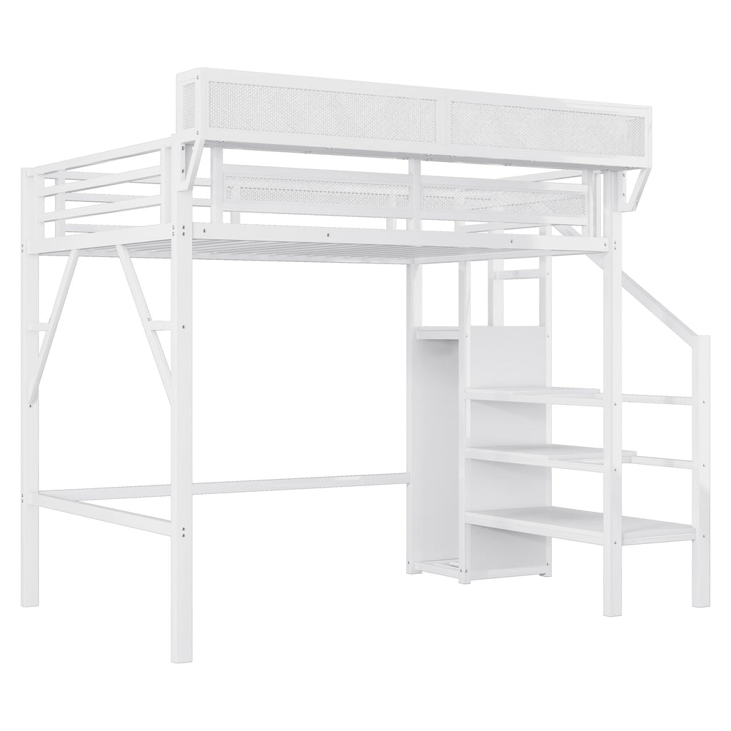 Twin XL Size Loft Bed with Stairs, Metal Full Loft Bed with Storage Shelves, High Loft Bed with Wardrobe for Kids Teens,White(Expect Arrival Date 2025/10/14)