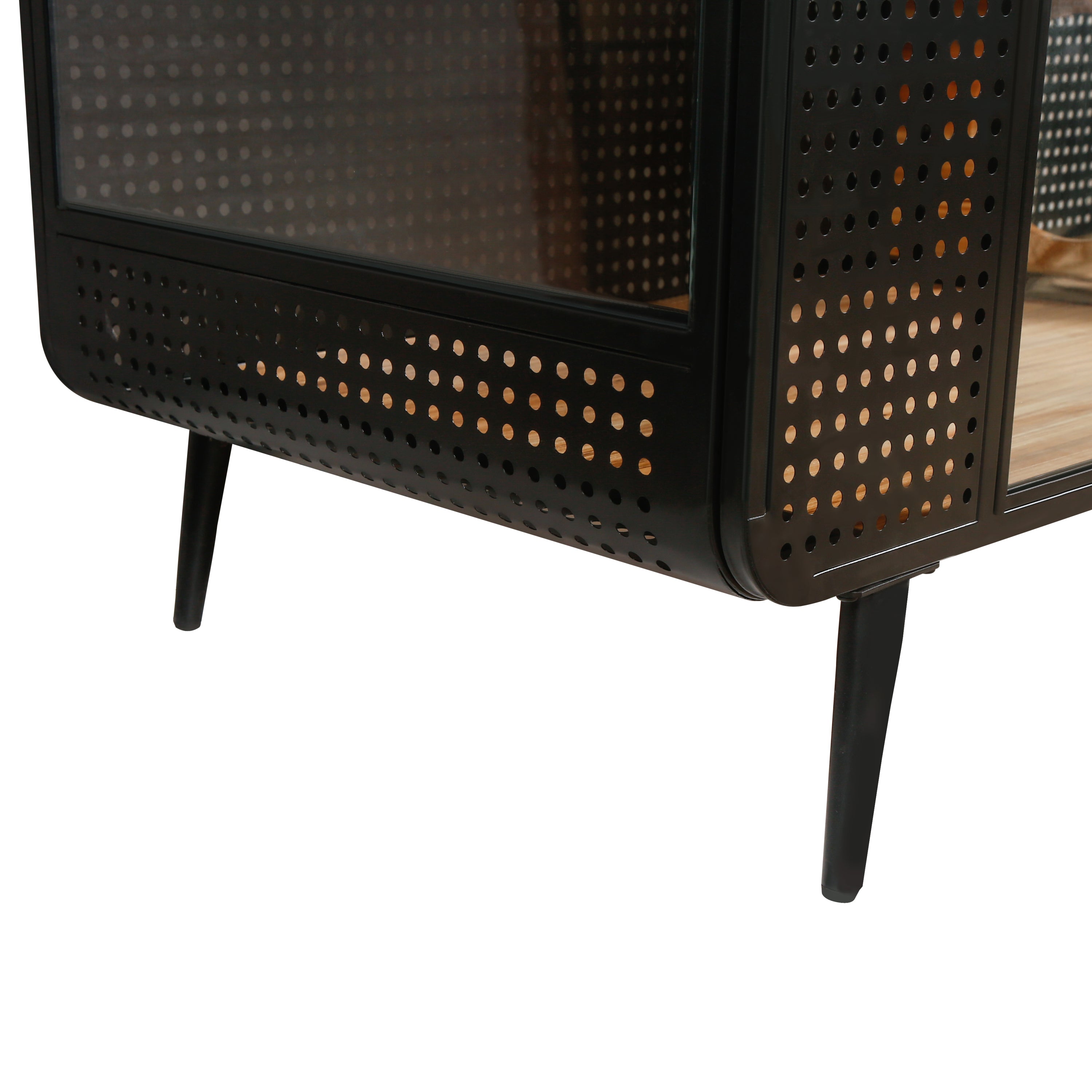 Modern Spacious Cat House with Tempered Glass and Iron Frame for Living Room, Black + Brown