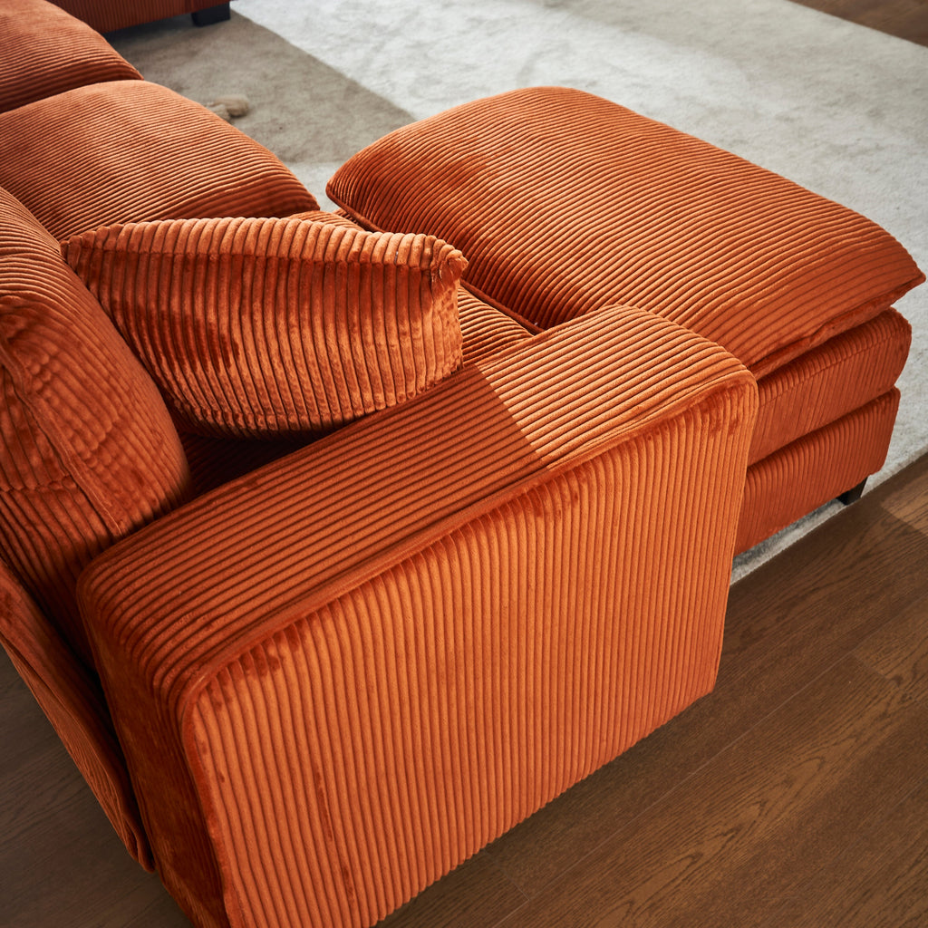 Modern U Shaped 6-seat Sectional Sofa Couch with one Ottoman and three toss pillows ,Modular Sofa for Living Room,Corduroy sofa