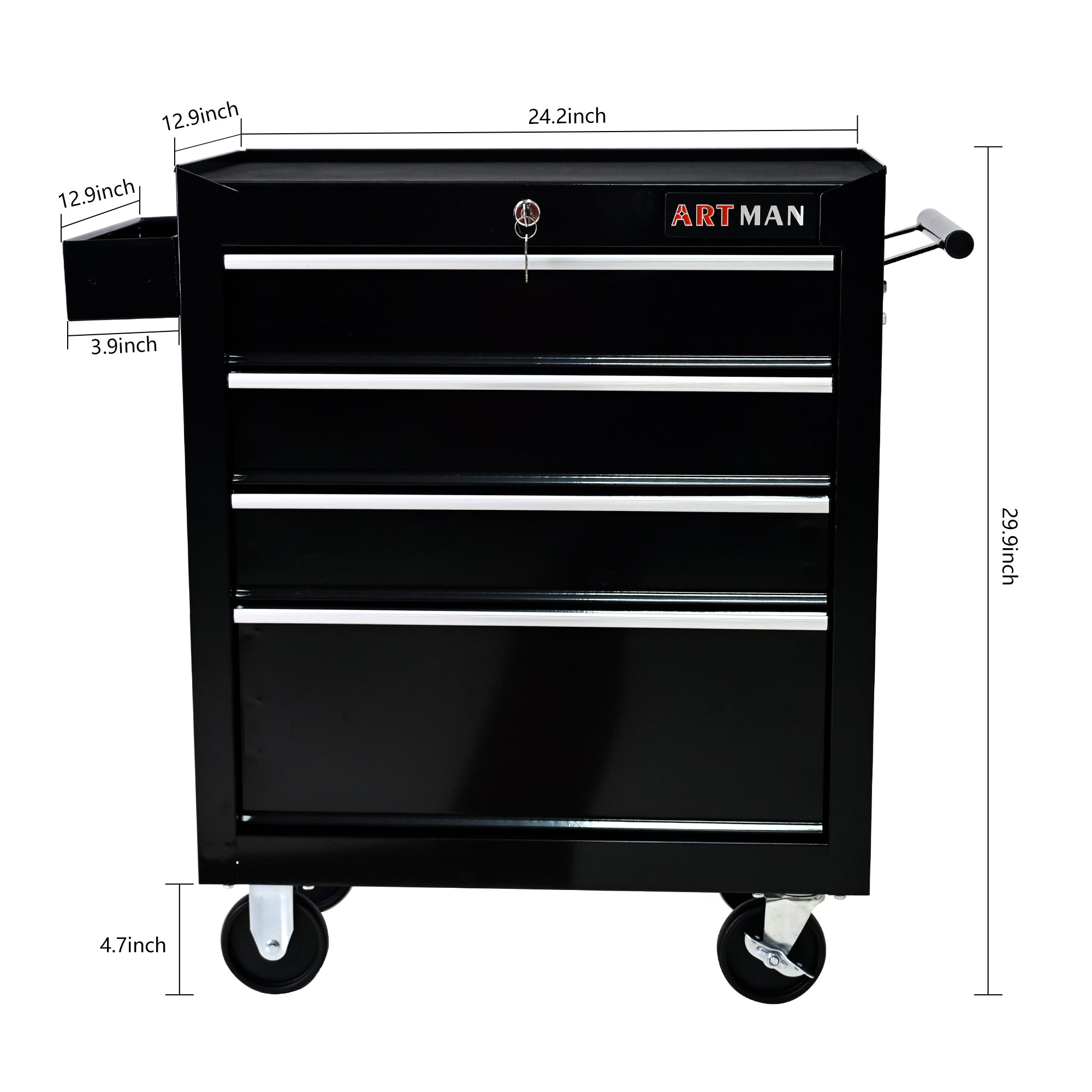 Rolling Tool Chest, 4-Drawer Tool Box with Wheels, Heavy Duty Industrial Service Cart Storage Organizer with Locking System, Rolling Tool Box Organizer Tool Case for Garage, Repair Shop - Black
