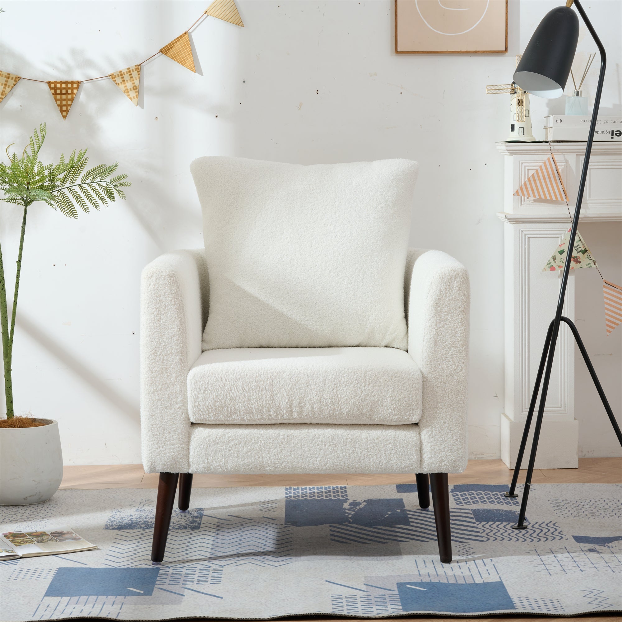 Modern Teddy Fabric Accent Chair - Mid-Century Upholstered Armchair with Pillow and Wood Legs for Living Room, Bedroom, or Reception Room - White