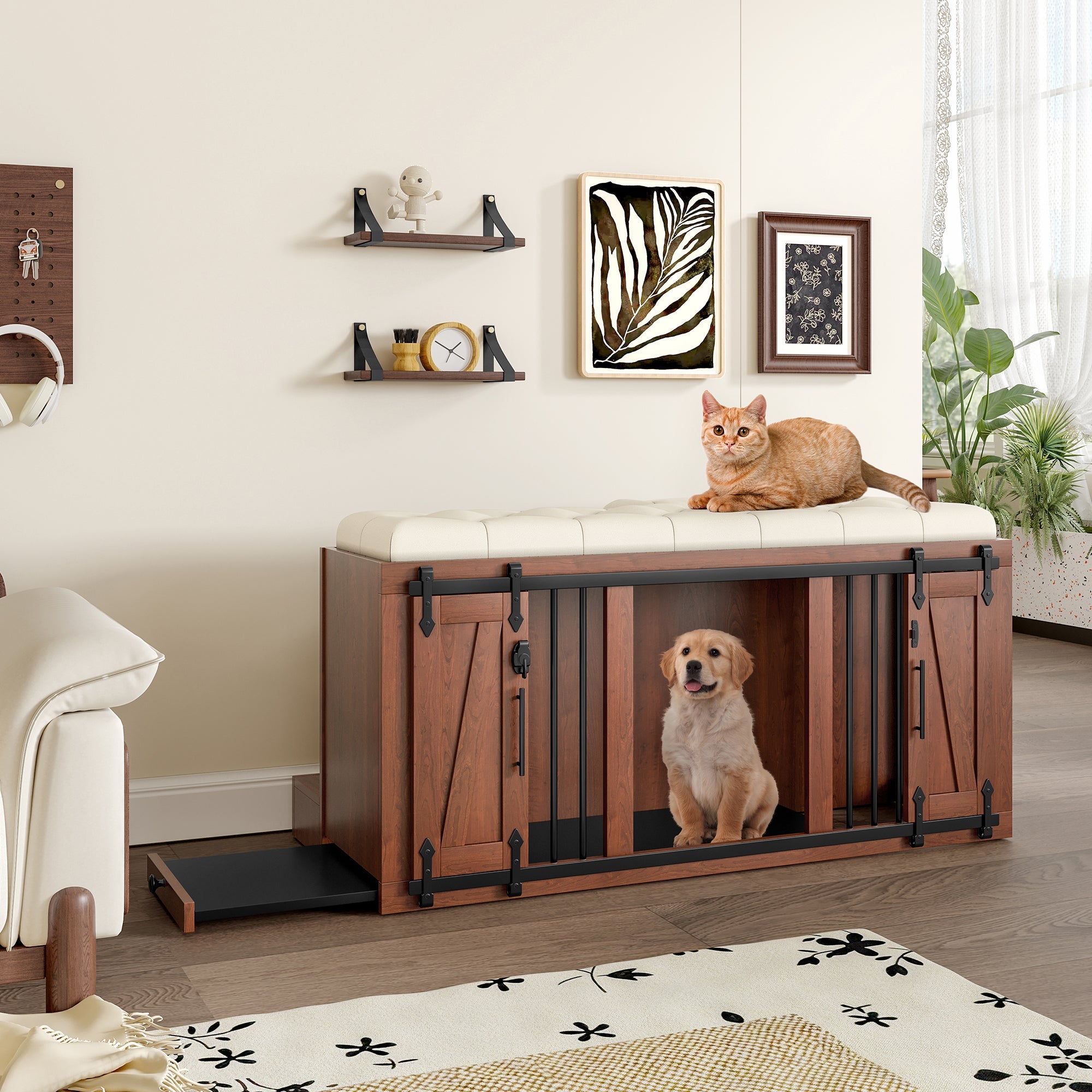 56'L, Furniture Style 2 in 1 Dog Crate with Padded Seat, Sliding Barn Door, Luxury Wooden Dog Kennel, End of Bed Bench Ottoman with Removable Cushion for Bedroom, Living Room, Walnut