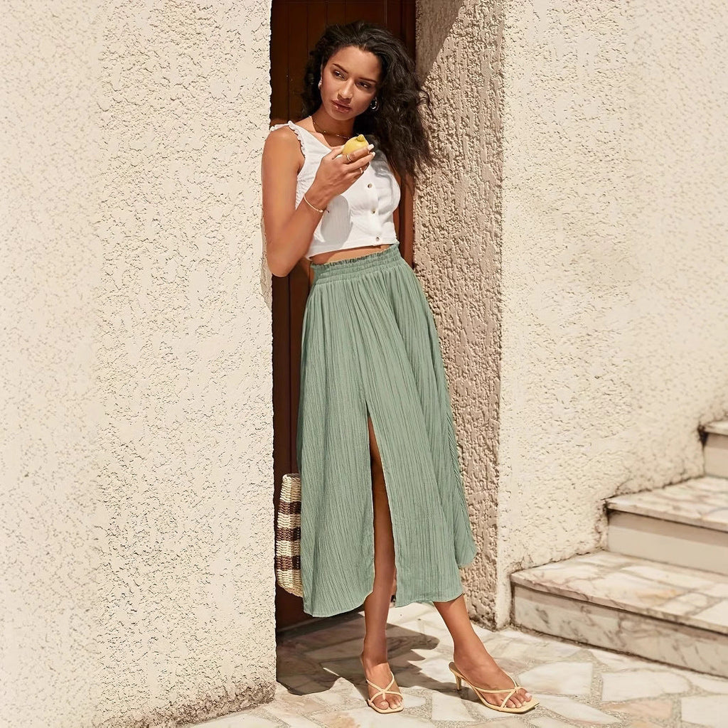 Split High Waist Elastic Waist Long Holiday Skirt