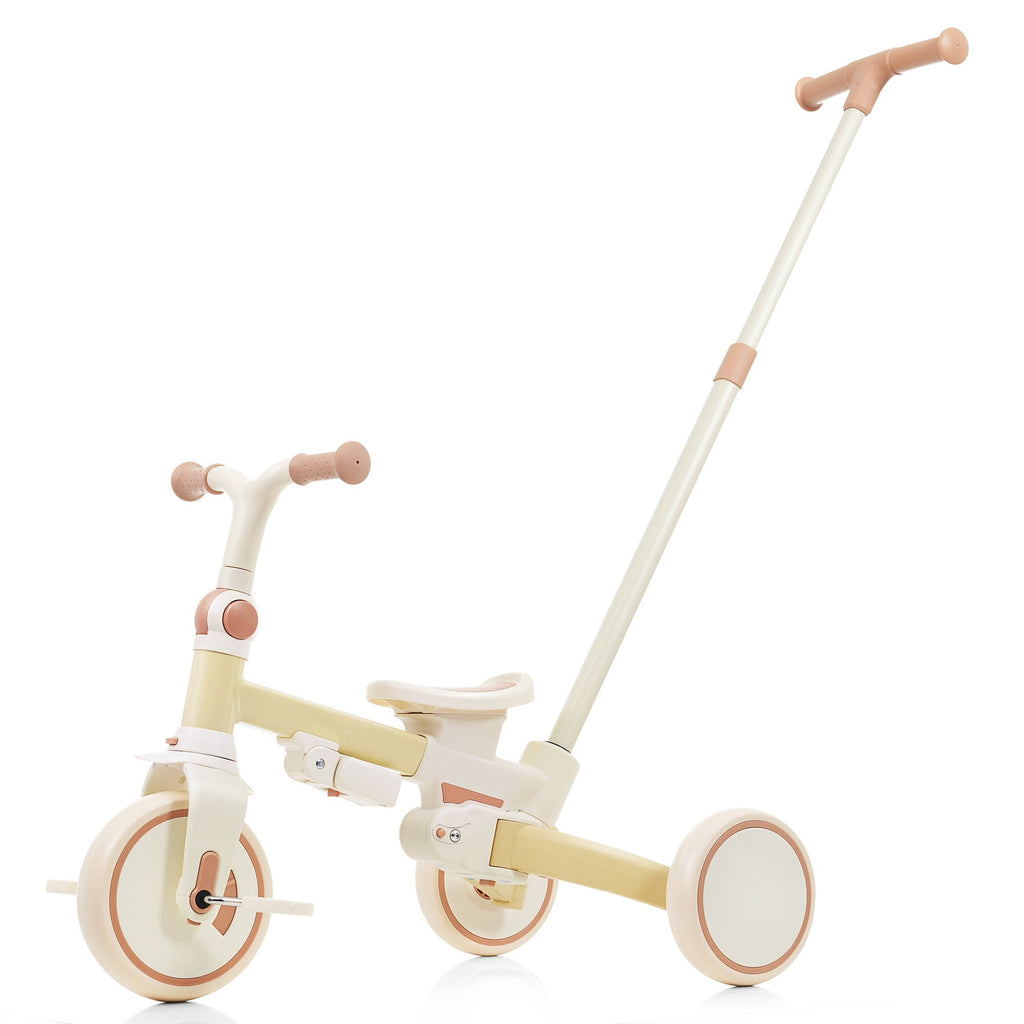 7 in 1 Baby Tricycle, Foldable Toddler Tricycle with Removable and Adjustable Parent Handle, Toddler Push Bike with Removable Pedal, Canopy, and Guardrail, Tricycle for 12-72 Months, yellow