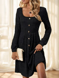 Elegant Long Sleeve Ribbed Knit Dress With Button Details