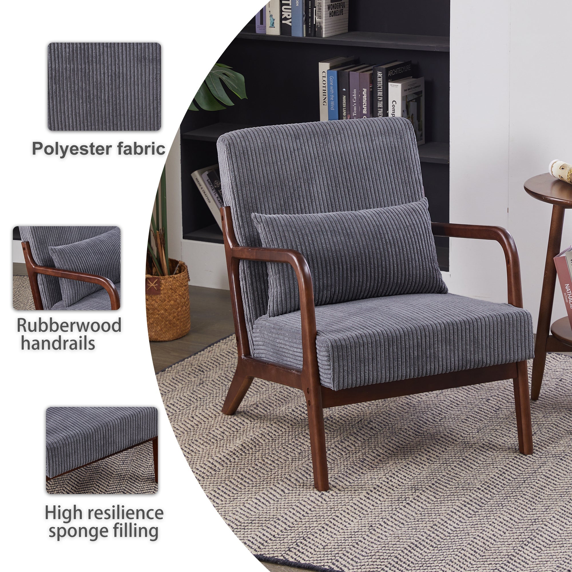 Mid-Century Modern Accent Chair with Pillow Upholstered in Antique Dark Grey Polyester and Solid Wood Frame(Antique Dark Grey)