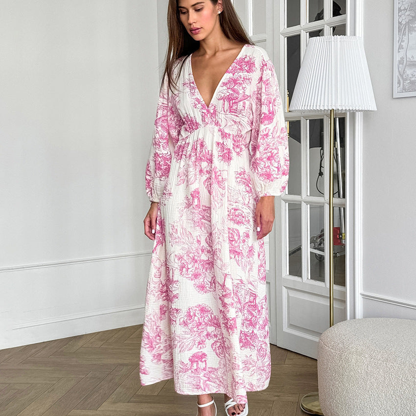Elegant V-neck Lantern Sleeve All-matching Printed Dress