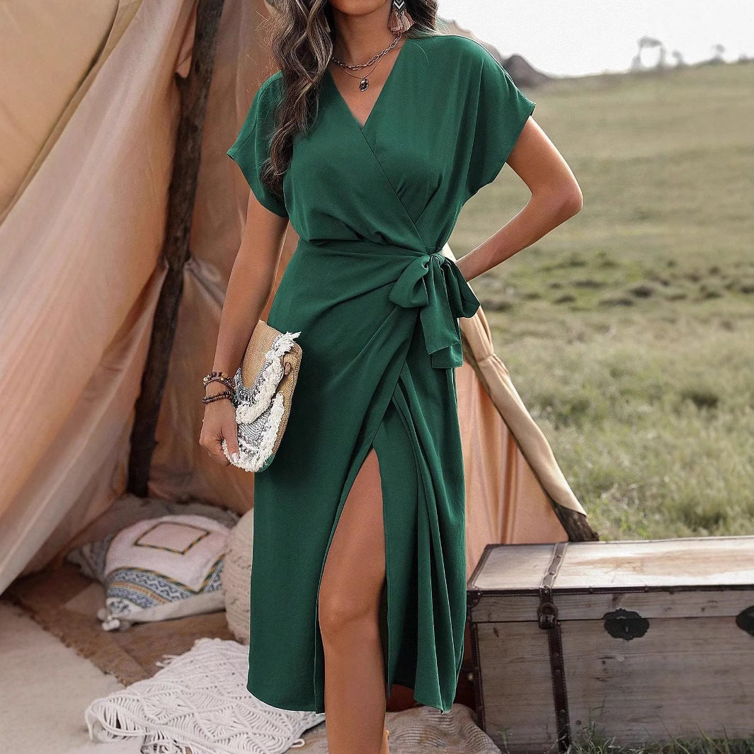 Commuting Fashion Forged Split Women's Solid Color Wrap Suspender Dress