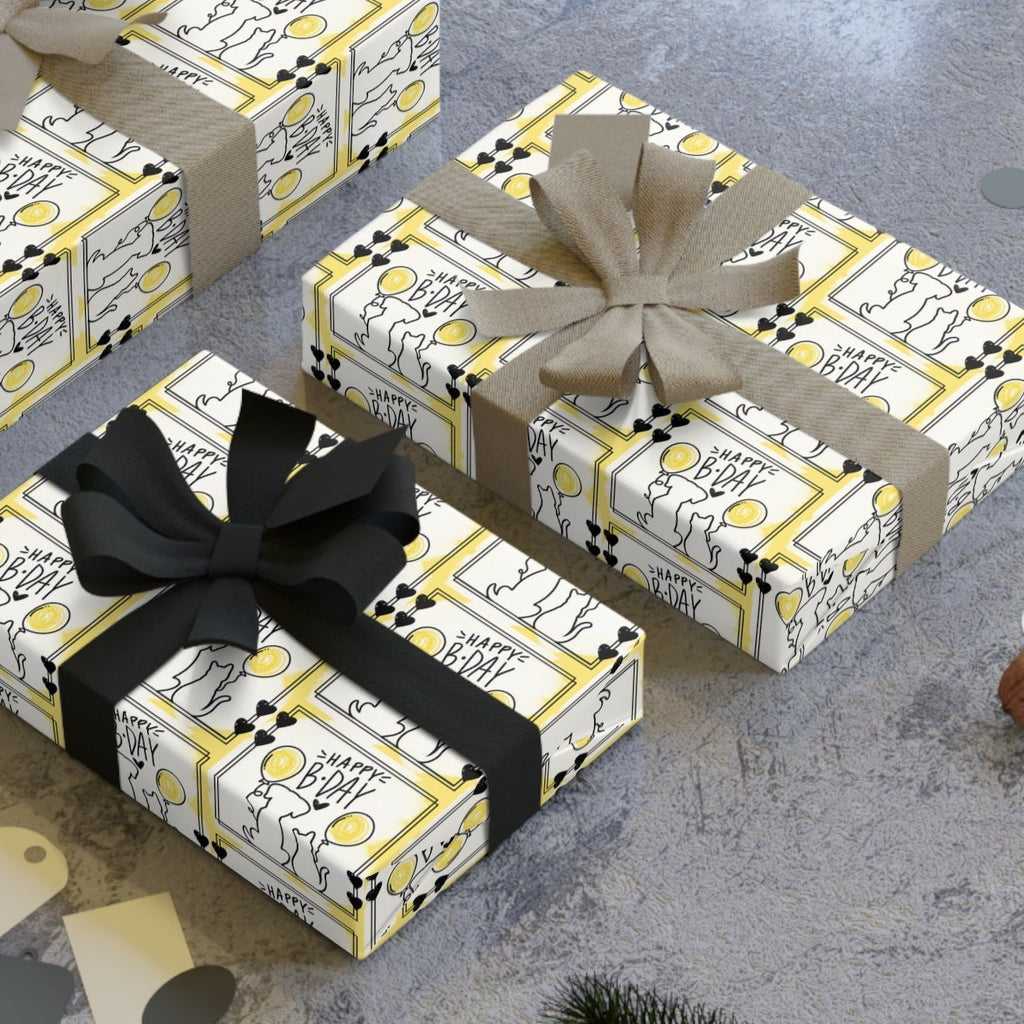 Dog Cat Birthday Wrapping Paper Rolls in Black & Yellow, 1pc