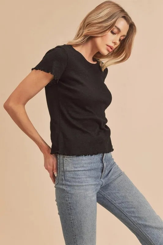Aemi+Co Round Neck Lettuce Hem Short Sleeve T-Shirt
