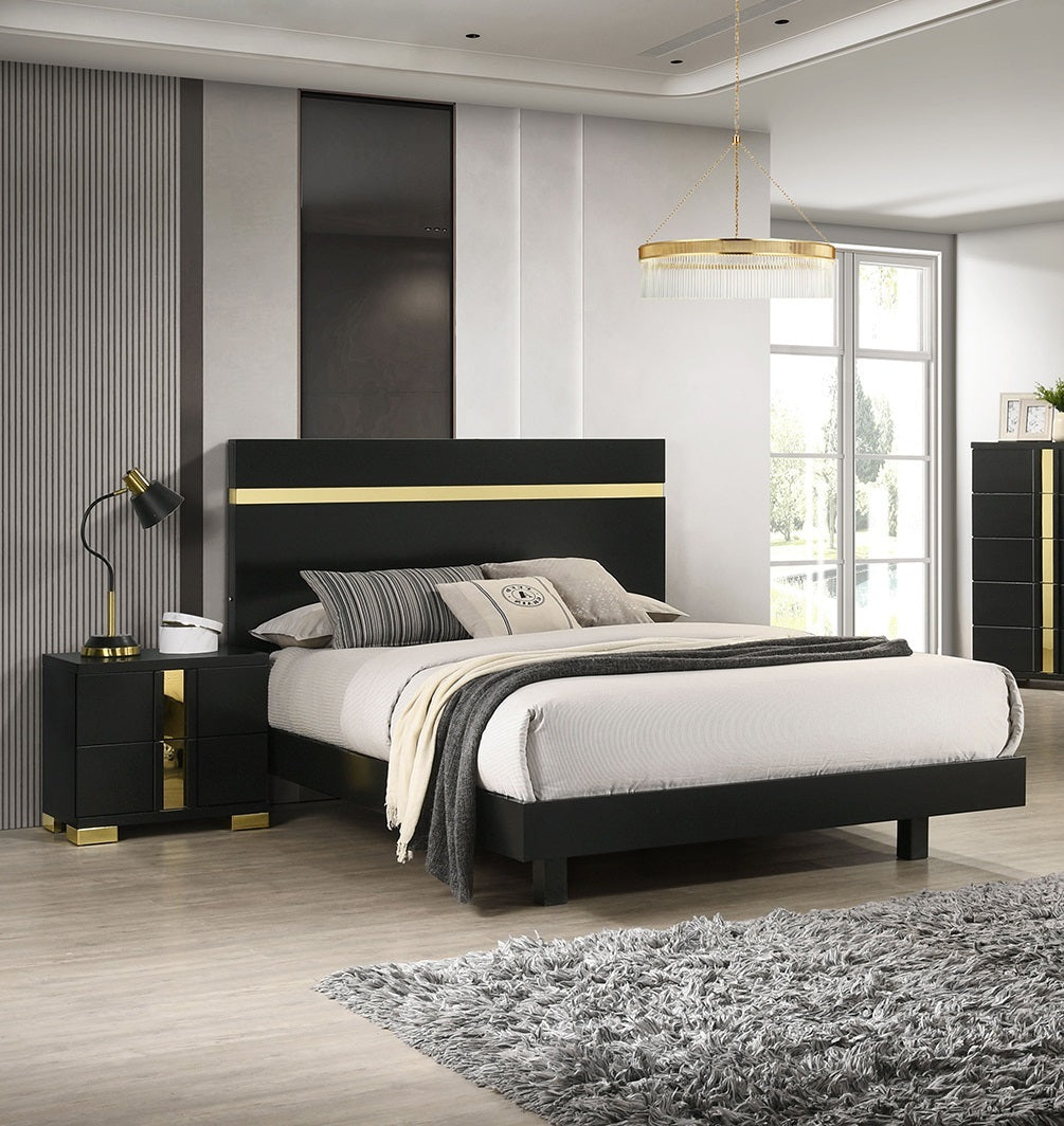 Modern Black 3pc Bedroom Set Queen Size Bed w LED 2x Nightstands Mattress Ready Furniture Acrylic Trim