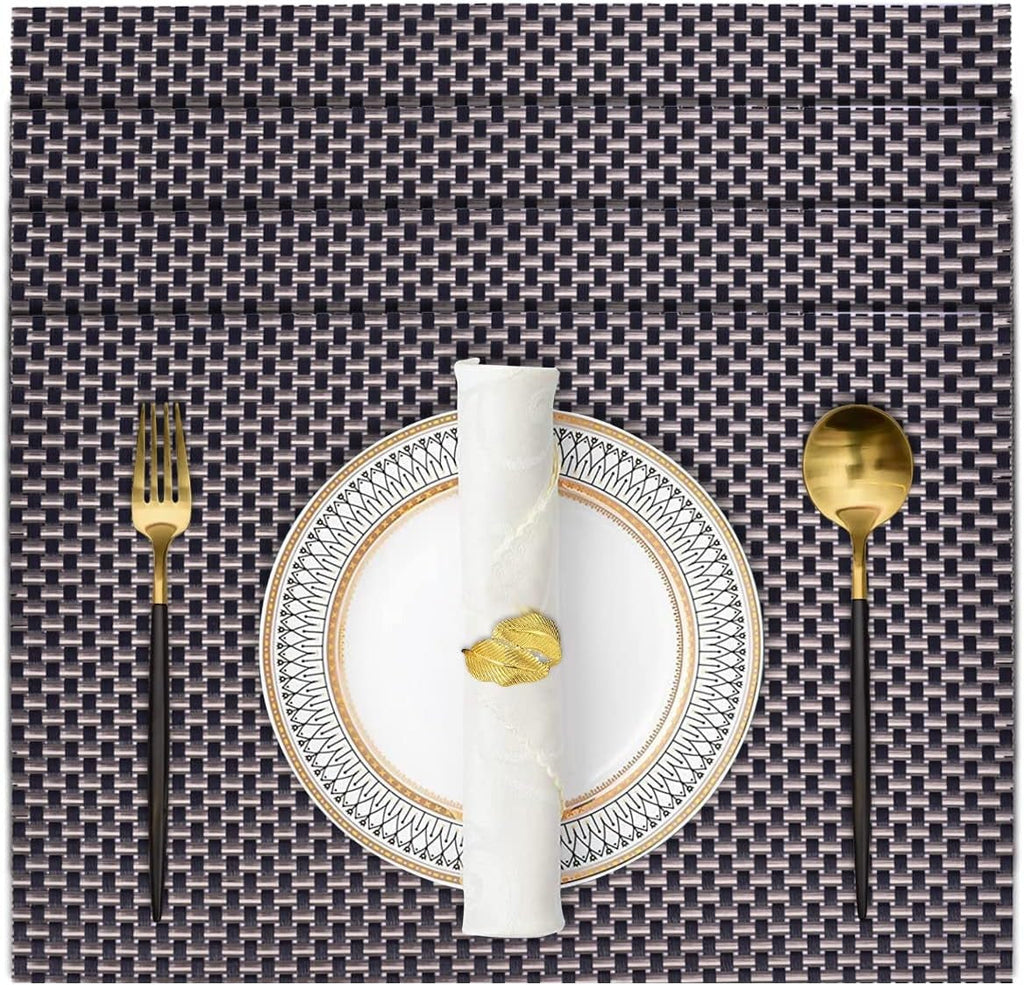 Decozen Placemats - Table Protector for Kitchen Decor Scratch Heat Resistant Placemats Washable Wipeable Indoor Outdoor Home Decor Table Place Mats Vinyl PVC 18x12 Inches - Black Gold