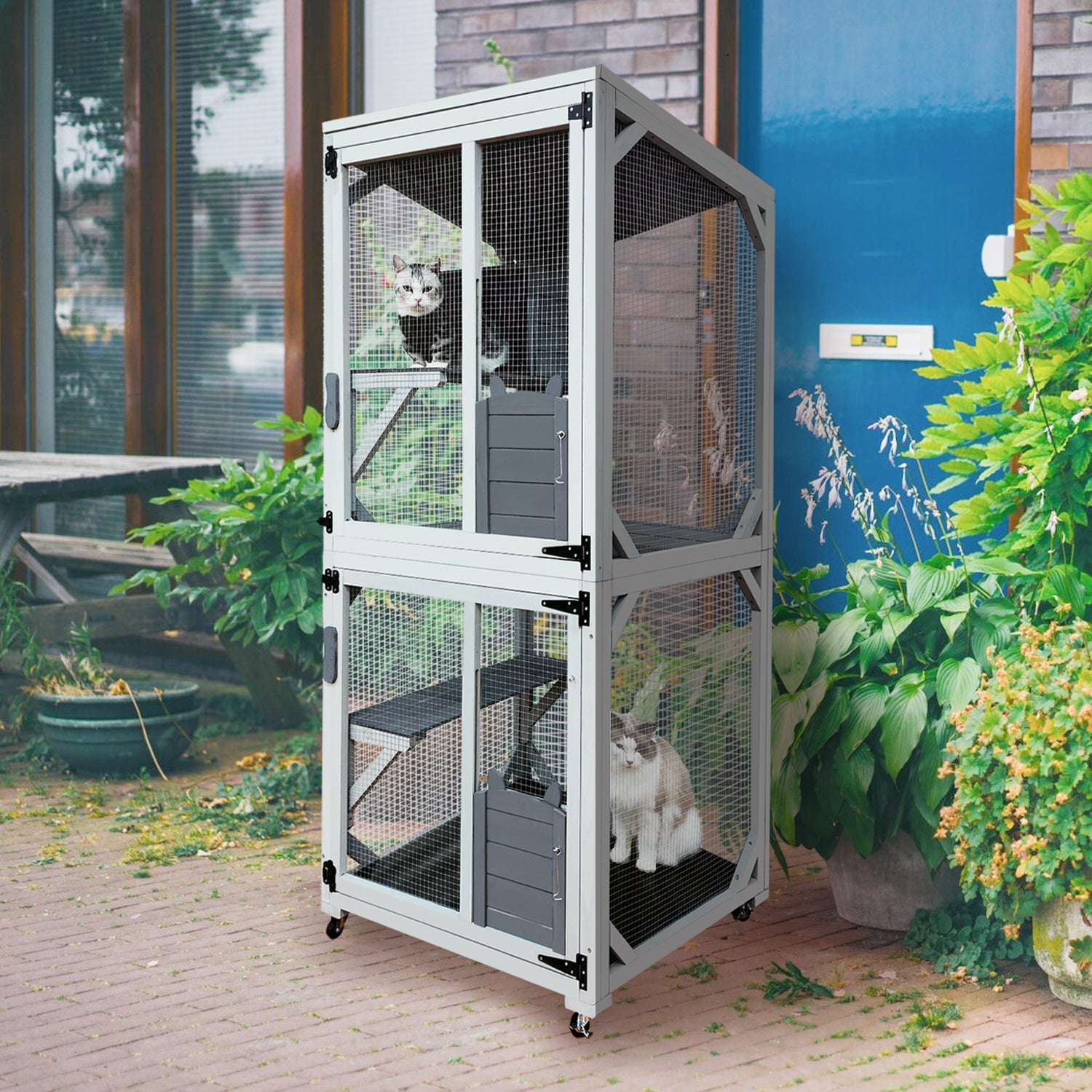 30.7'  Wooden Catio Outdoor Cat Enclosure, Luxury Cat House on Wheels with Napping House, 4 Platforms & Weatherproof Asphalt Roof, Large Kitty Cat Condo Cage Shelter Playpen with Sliding Doors