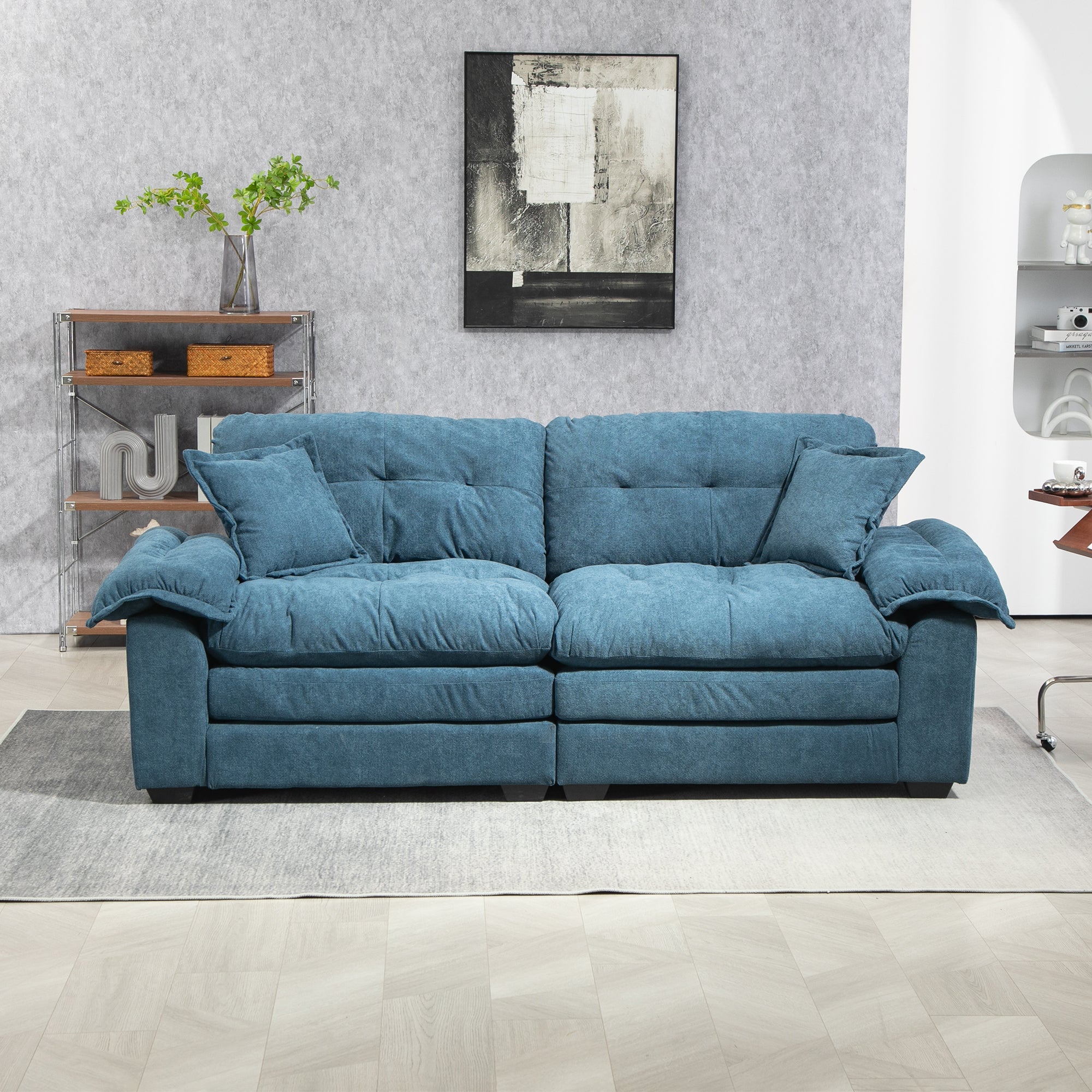 84' Chenille Sofa Small Sofa Loveseat Deep Seat Sofa Couch with 2 Throw Pillows & Memory Foam for Living Room Apartment Office Lounge-Blue