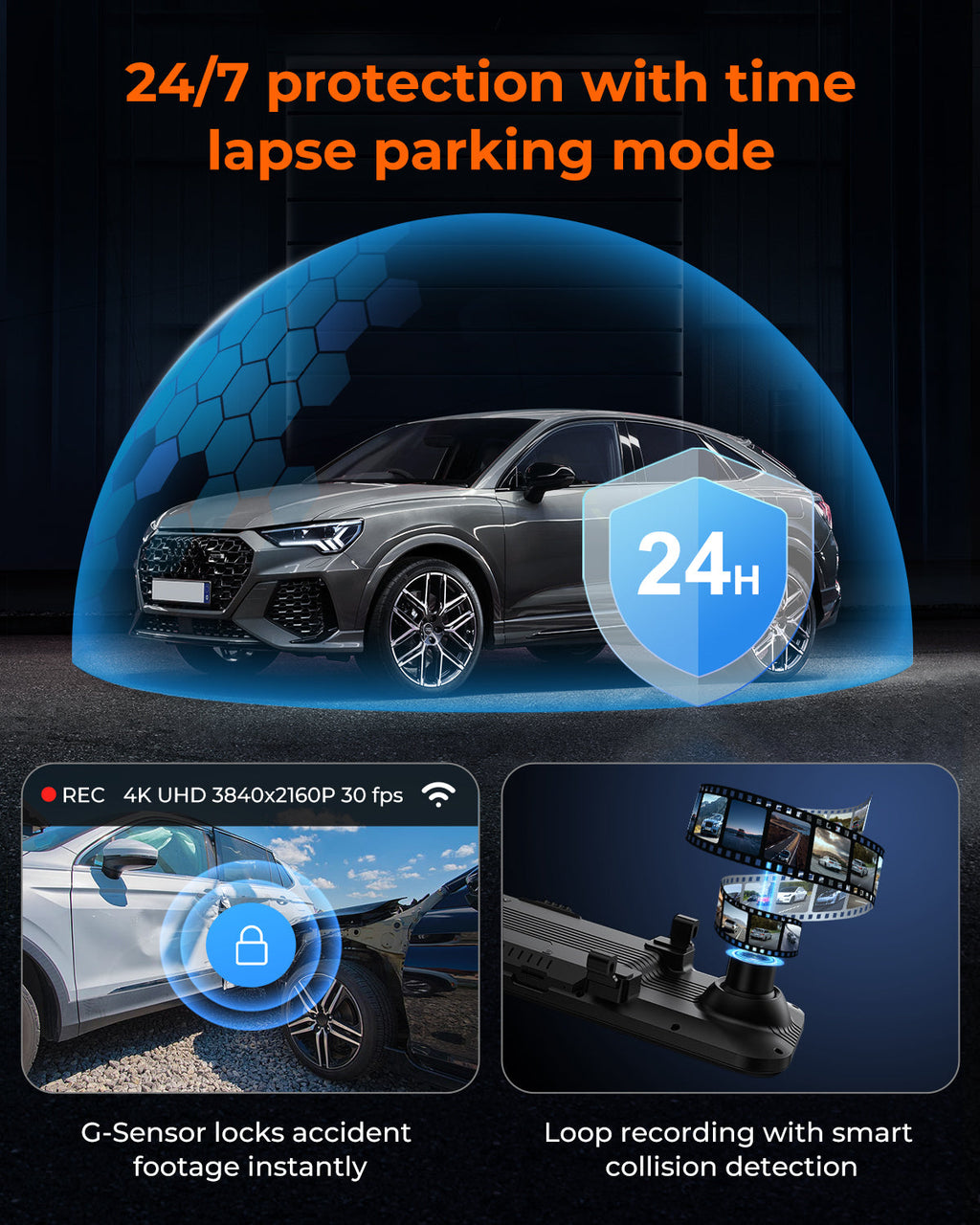 M4 3ch Mirror Dash Cam with 1080P 60fps Front+Rear+Bumper/Cabin Cameras, 12"IPS Touchscreen