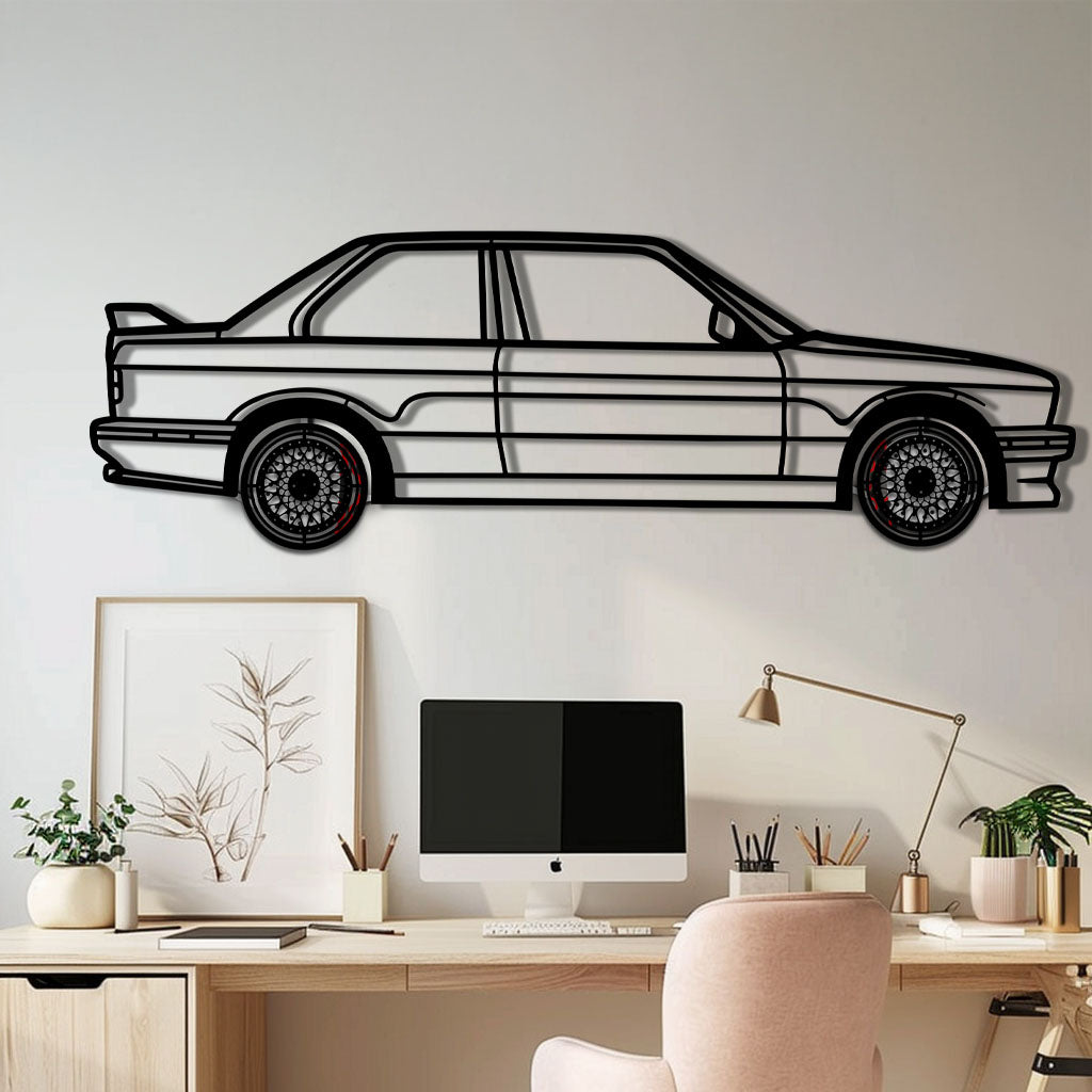 BMW E30 M3 Metal Car Wall Art with Rotating Wheels - Classic M Power Silhouette Decor - Interactive Automotive Wall Art - KAFMEKA100