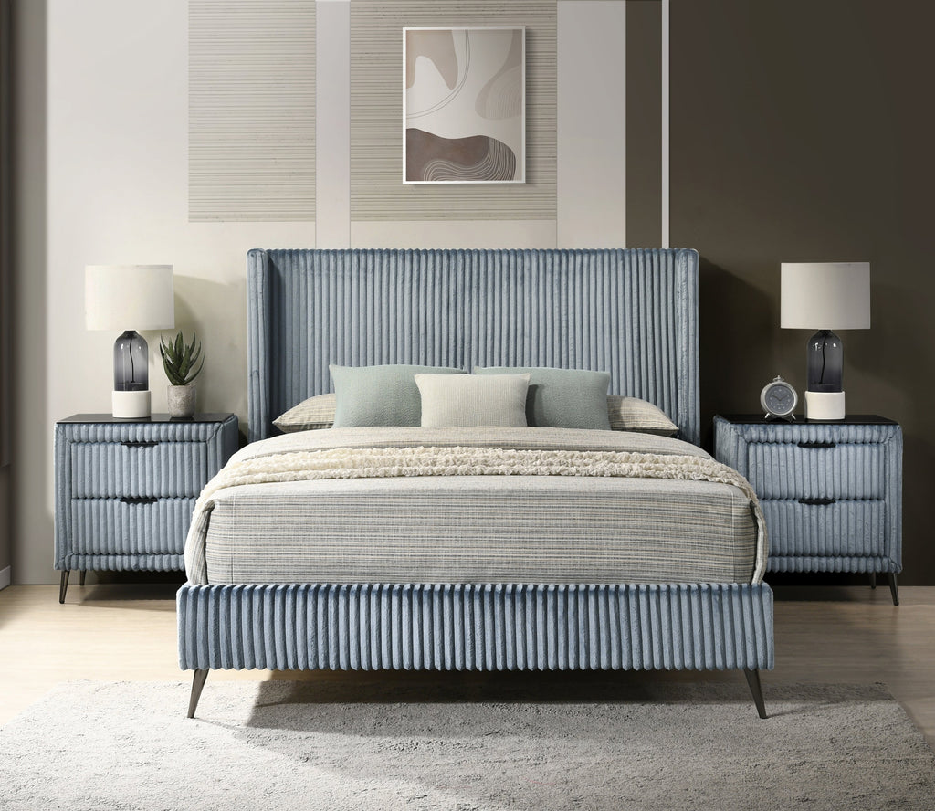 Mavela Wide Wale Corduroy Upholstery Panel Queen Bed with 2 Nightstands, Blue