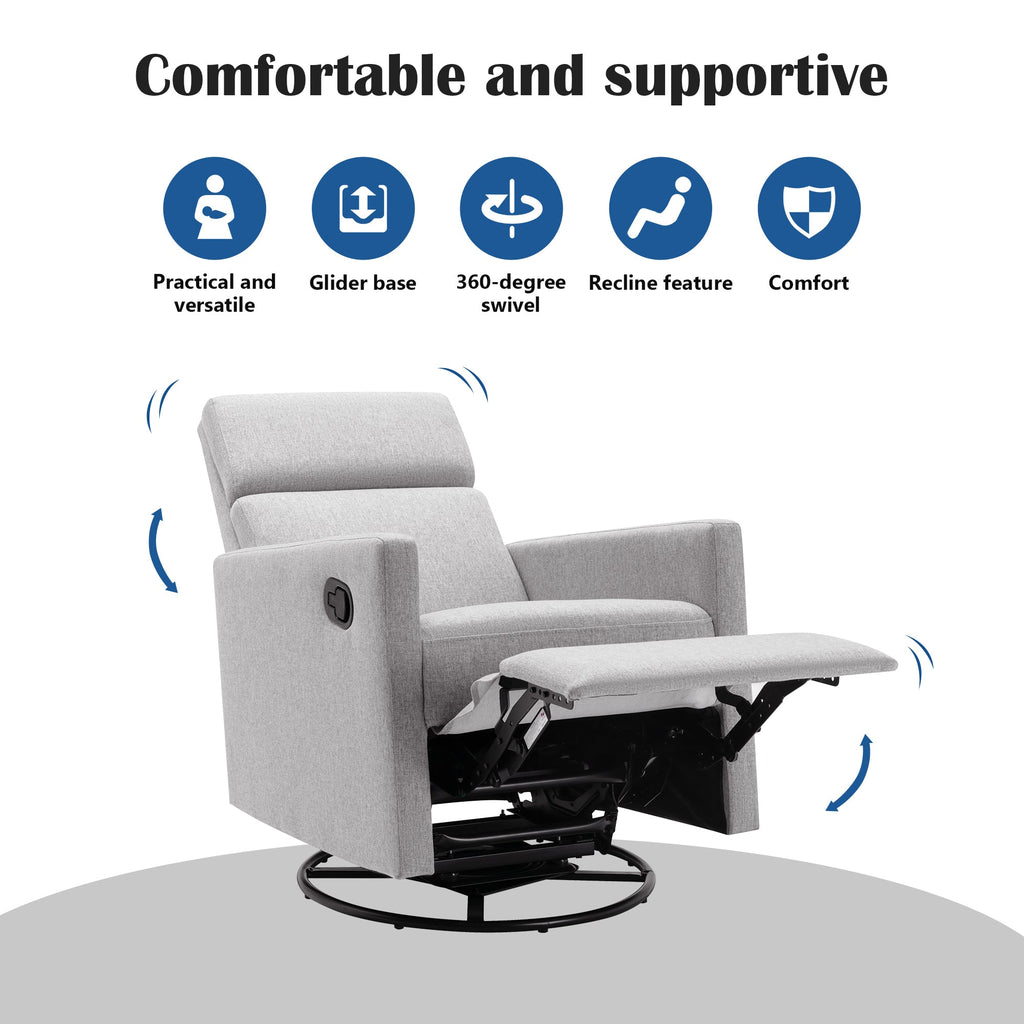 Modern Upholstered Rocker Nursery Chair Plush Seating Glider Swivel Recliner Chair, Gray Linen