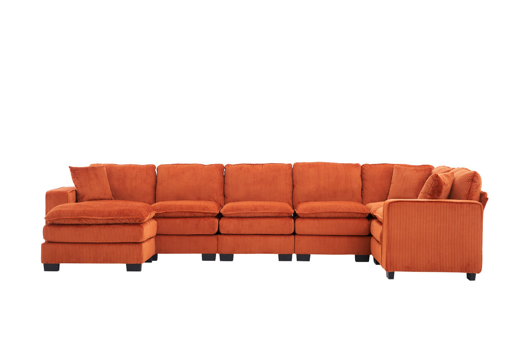 Modern U Shaped 6-seat Sectional Sofa Couch with one Ottoman and three toss pillows ,Modular Sofa for Living Room,Corduroy sofa