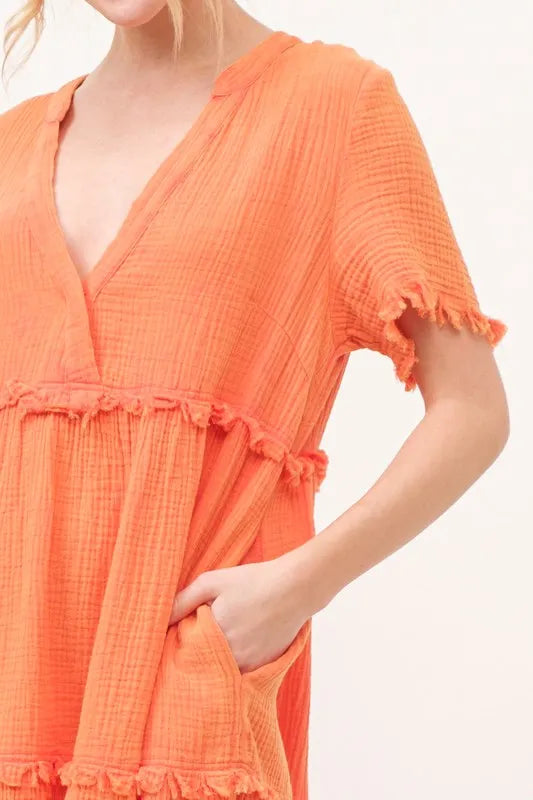 And The Why Washed Frayed Detail Tiered Dress