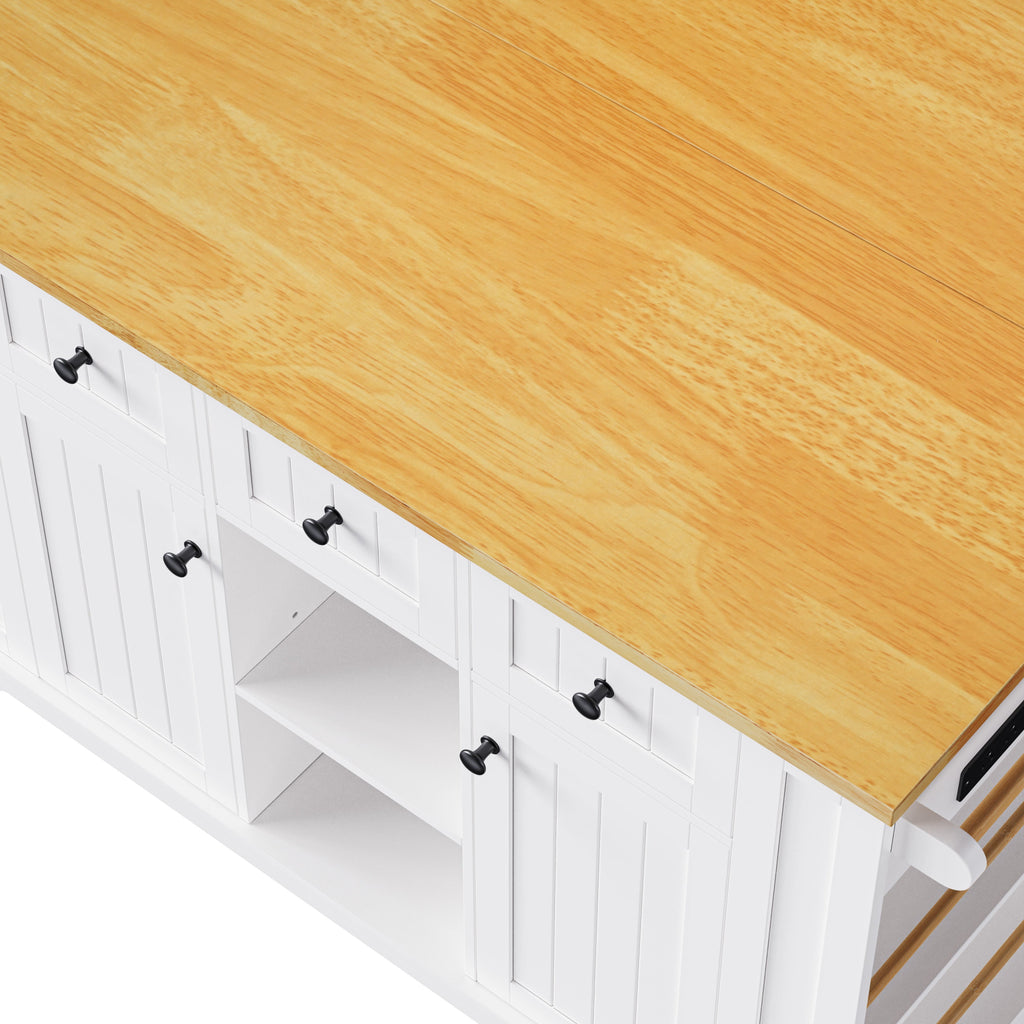 K&K 53inch Large Kitchen Island with 2 Bar Stools, Power Outlet,Door Internal Storage Rack, Kitchen Storage Cart on 5 Wheels with Drop Leaf, 5 Open Side Racks, 3 Drawers, for Kitchen,Dining Room,White