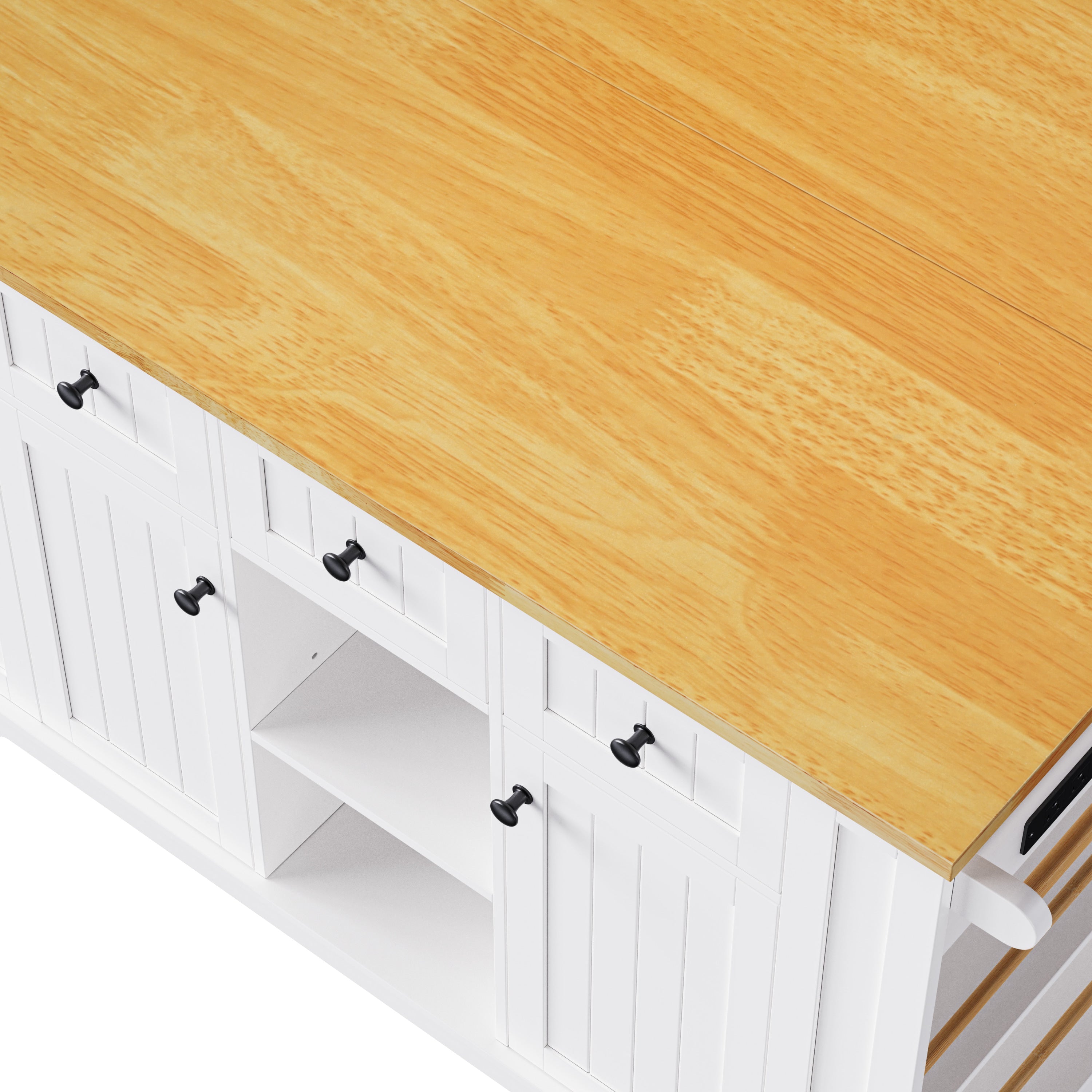 K&K 53inch Large Kitchen Island with 2 Bar Stools, Power Outlet,Door Internal Storage Rack, Kitchen Storage Cart on 5 Wheels with Drop Leaf, 5 Open Side Racks, 3 Drawers, for Kitchen,Dining Room,White