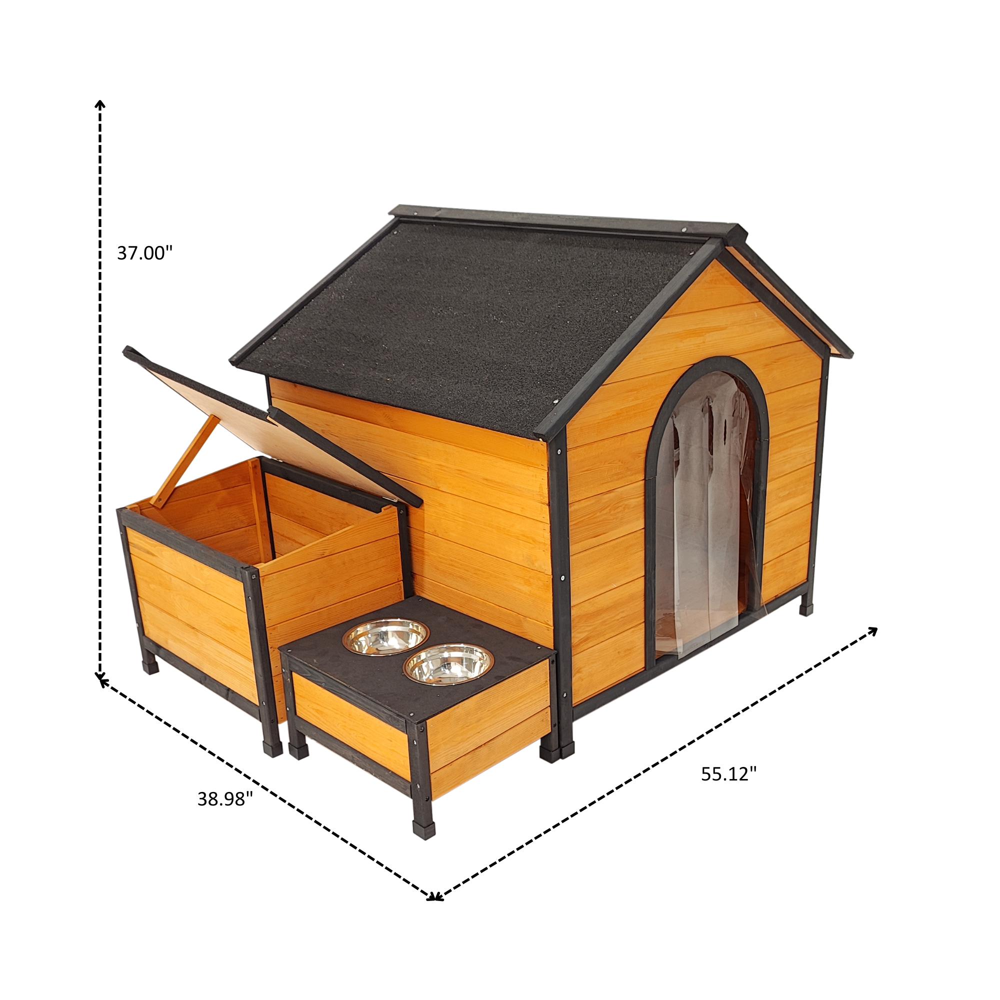 XPT088 Wearable and Strong Wooden Dog House with Metal Bowls and Toy Box, Natural, Solid Wood, 55.12 x 38.98 x 37.00 inches
