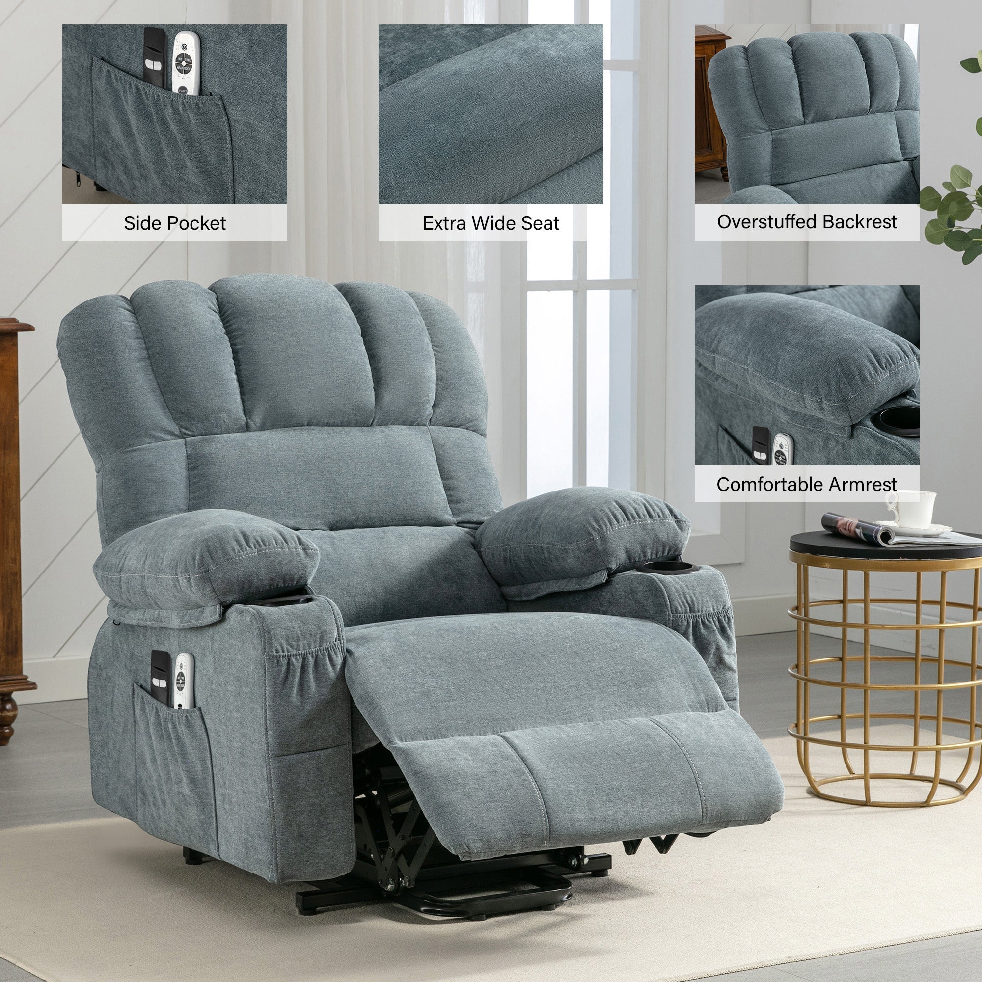Power Electric massage lift lounge chair, suitable for the elderly, with heating and vibration functions, with USB, can be used for lying down. BLUE