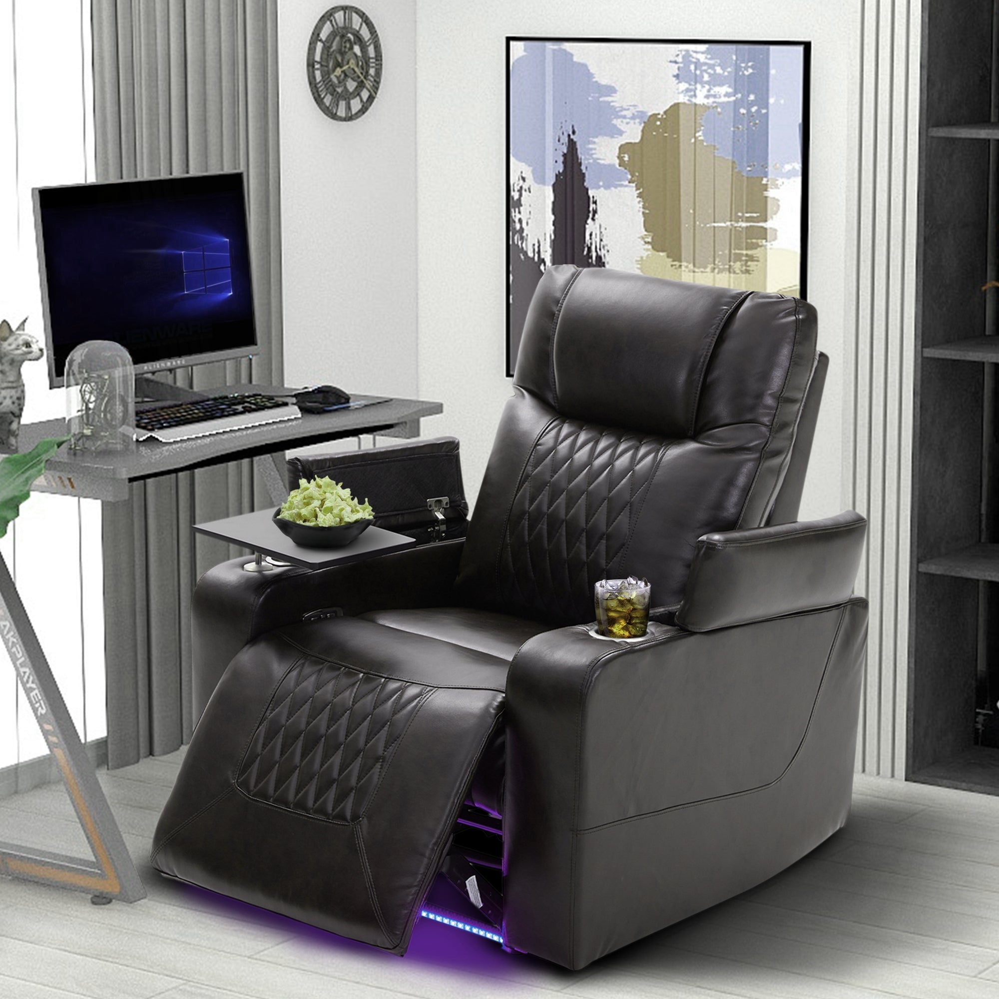 Power Motion Recliner with USB Charging Port, Hidden Arm Storage, and 360° Swivel Tray Table, Black PU Leather