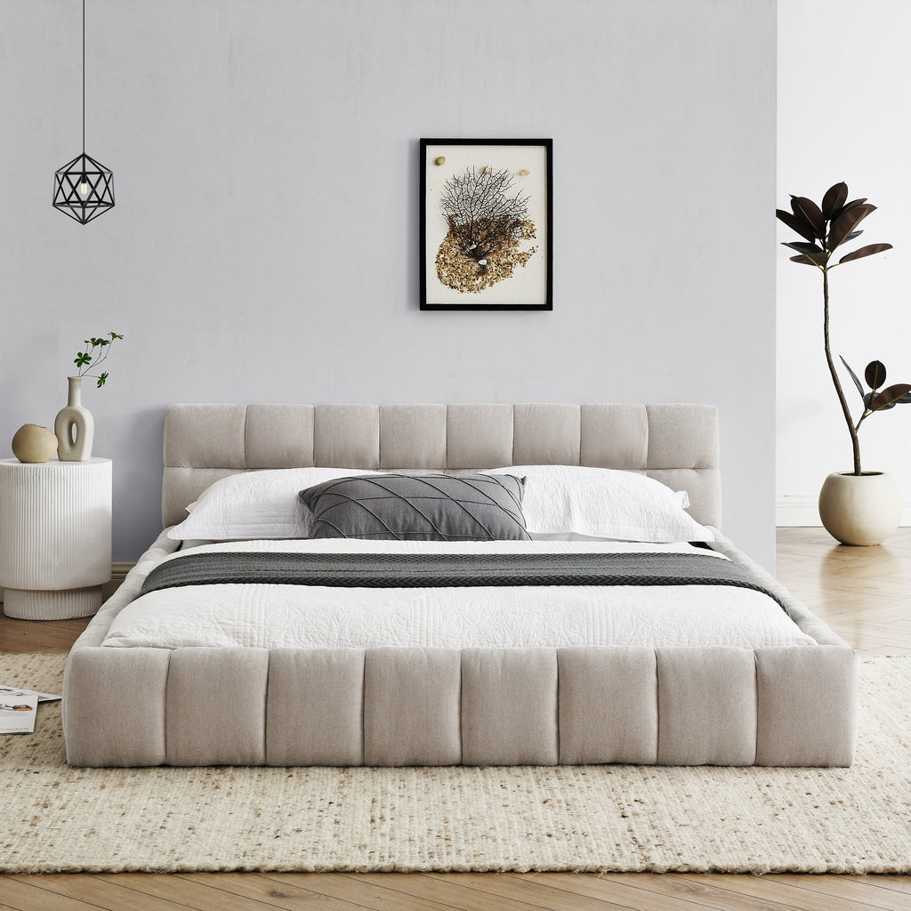 Modern Queen Size Upholstered Bed Frame with Headboard, Thick Chenille Fabric, Beige