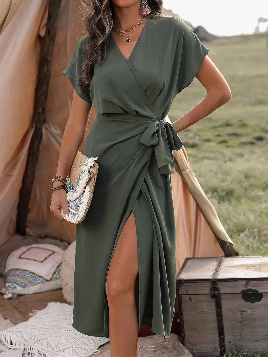 Commuting Fashion Forged Split Women's Solid Color Wrap Suspender Dress