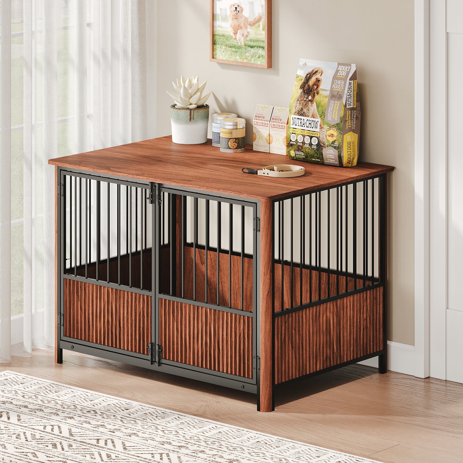 43'' Walnut Fluted Wood Furniture Style Dog Crate for Large & Medium Dogs - Double Door Design, Decorative Pet House & Indoor Side End Table.