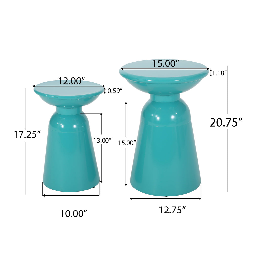 Serenita Outdoor Iron Side Tables with Flared Design, Set of 2 , Teal