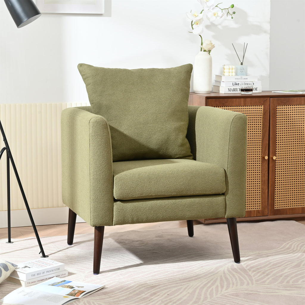 Modern Fabric Accent Chair, Upholstered Armchair for Living Room, Mid Century Fabric Lounge Chair w/Pillow, Comfortable Reading Chair with Wood Legs for Living Room, Bedroom, Reception Room (Olive)
