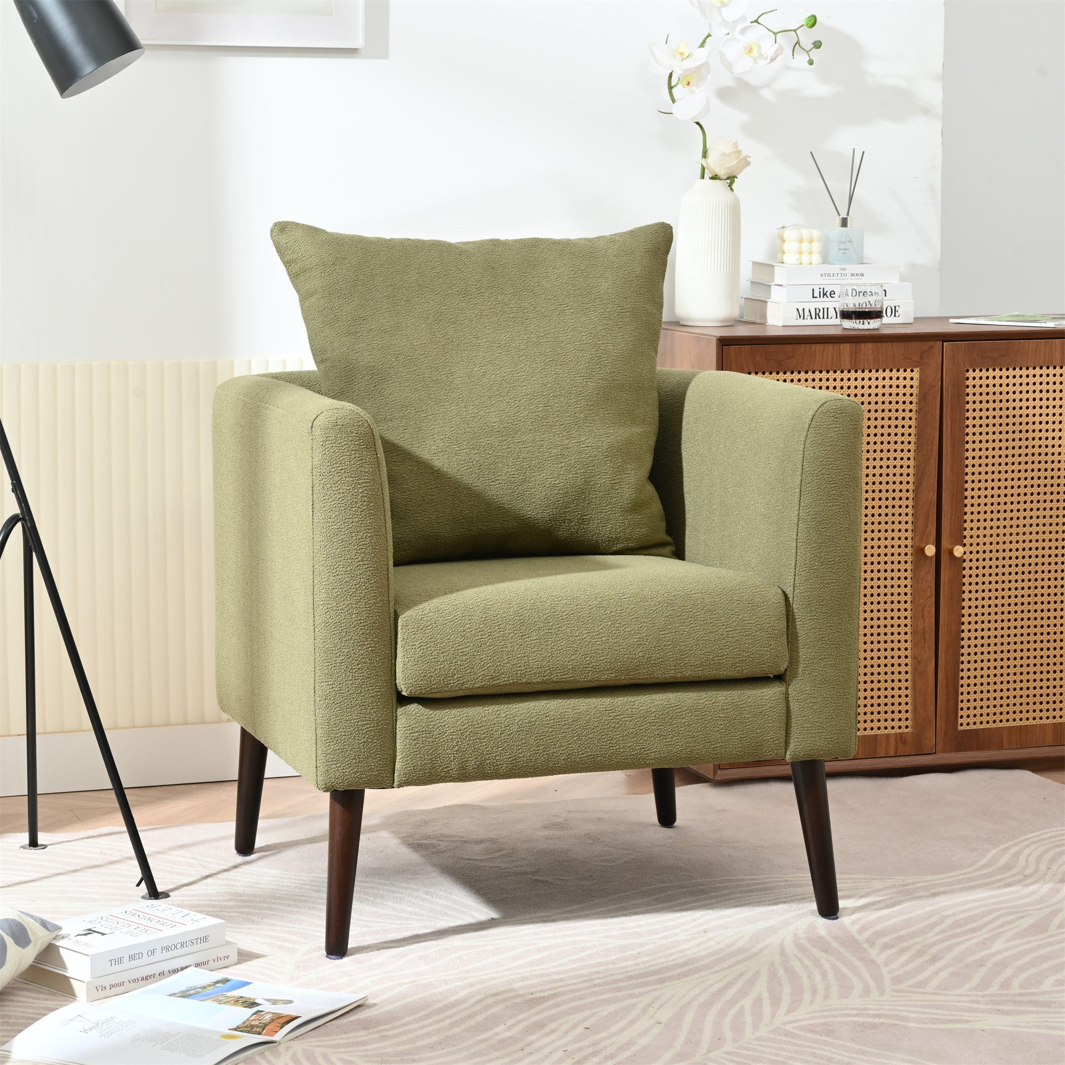 Modern Fabric Accent Chair, Upholstered Armchair for Living Room, Mid Century Fabric Lounge Chair w/Pillow, Comfortable Reading Chair with Wood Legs for Living Room, Bedroom, Reception Room (Olive)