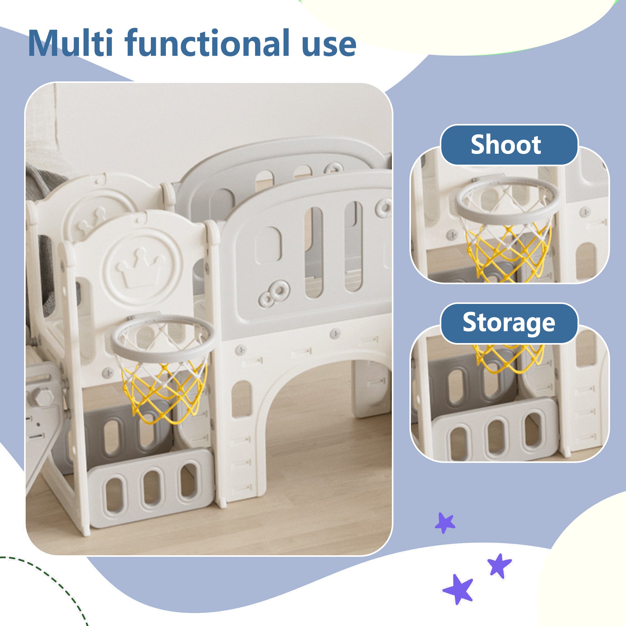 Versatile Toddler Slide with 11-in-1 Activity Center, Grey+Ivory, Polyethylene, 116.54in