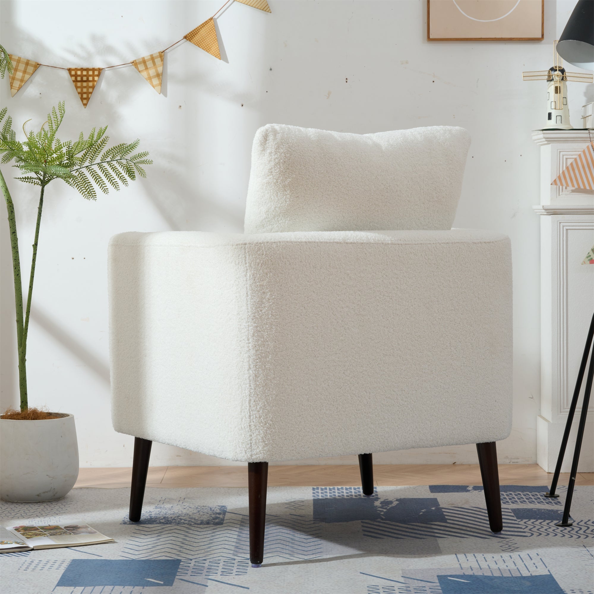 Modern Teddy Fabric Accent Chair - Mid-Century Upholstered Armchair with Pillow and Wood Legs for Living Room, Bedroom, or Reception Room - White