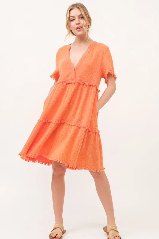 And The Why Washed Frayed Detail Tiered Dress