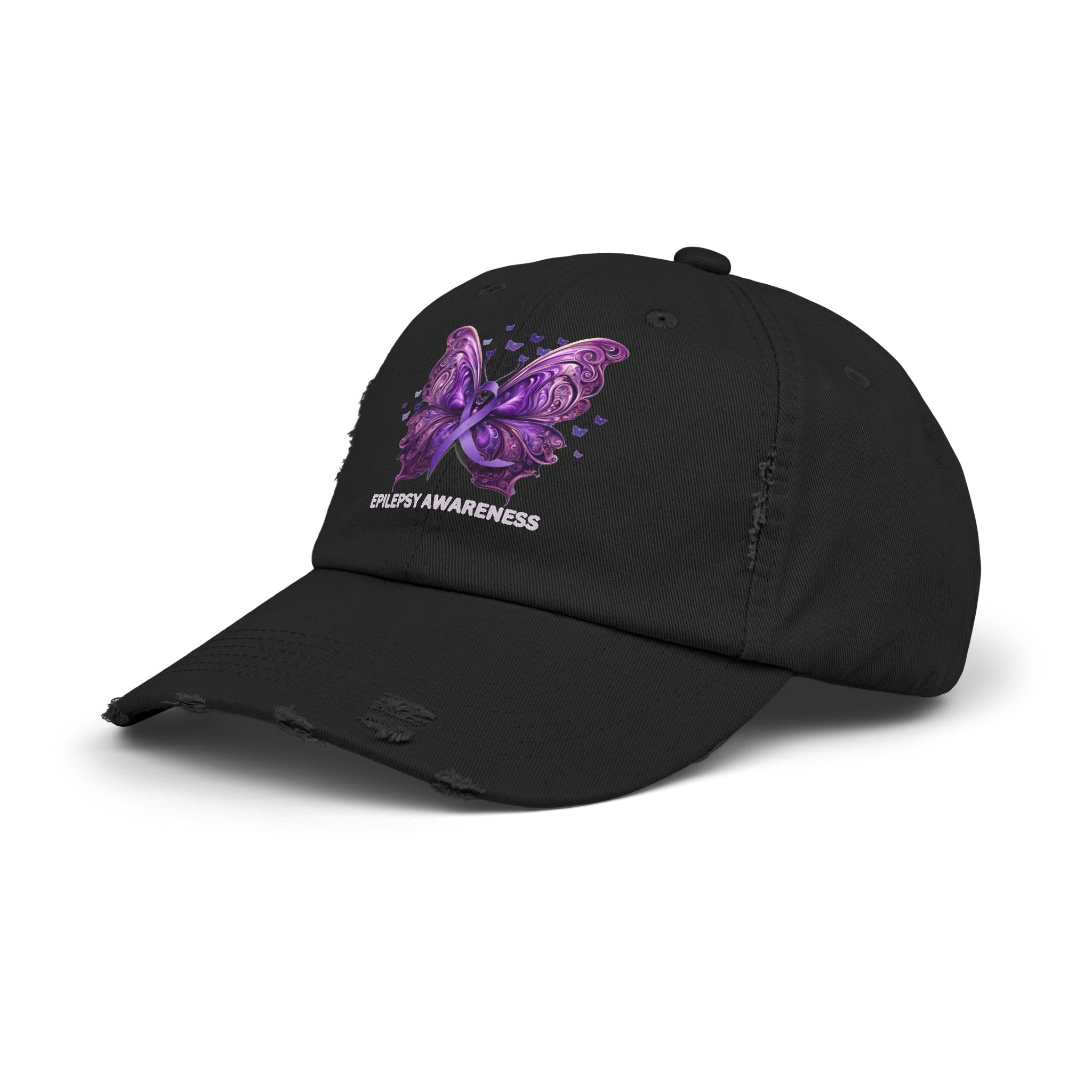 Epilepsy Awareness Butterfly Distressed Hat – Purple Ribbon Awareness Cap
