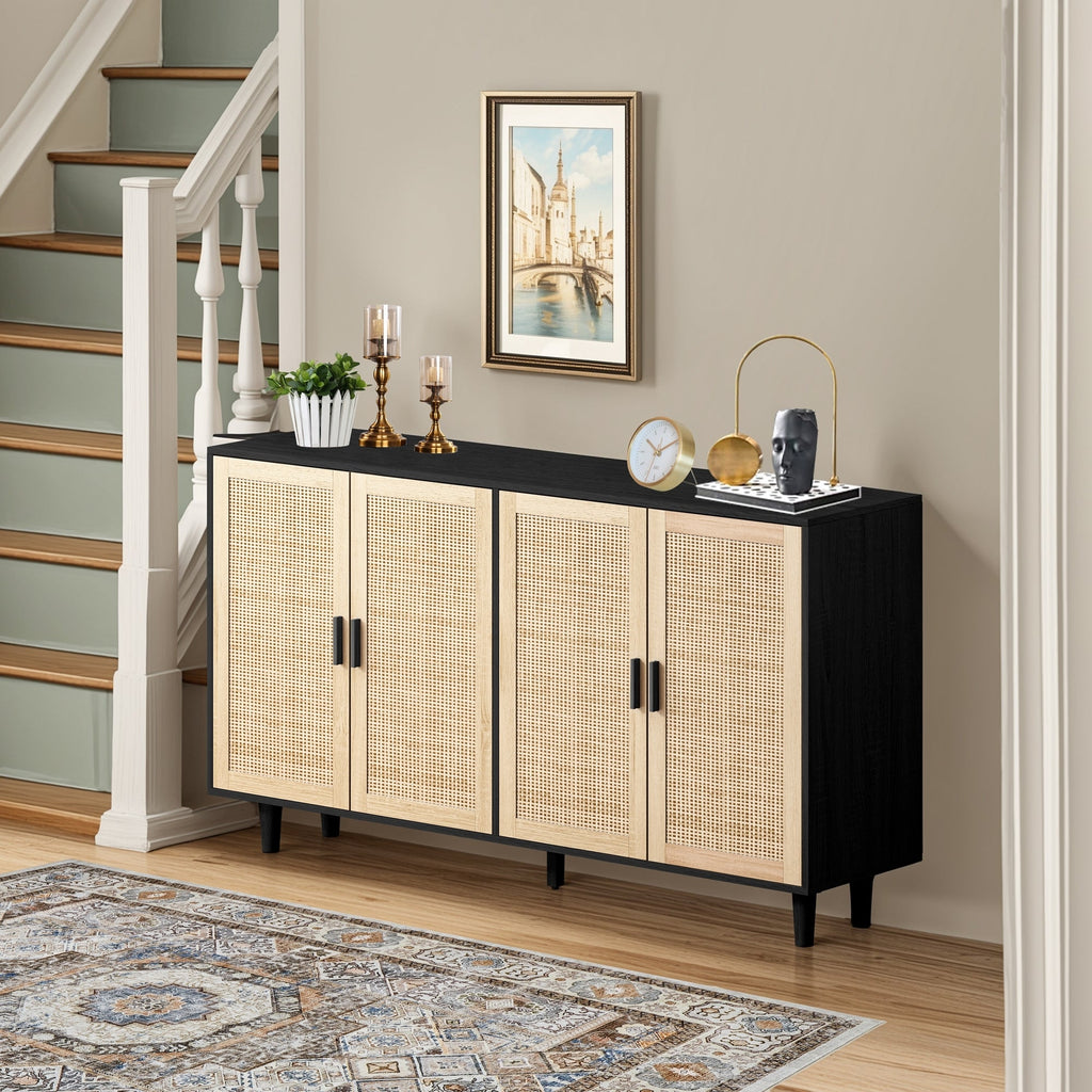 Elegant and Functional 4-Door Rattan Decorative Storage Cabinet for Bedroom, Living Room, Office, Black, Particle Board, 62.20'
