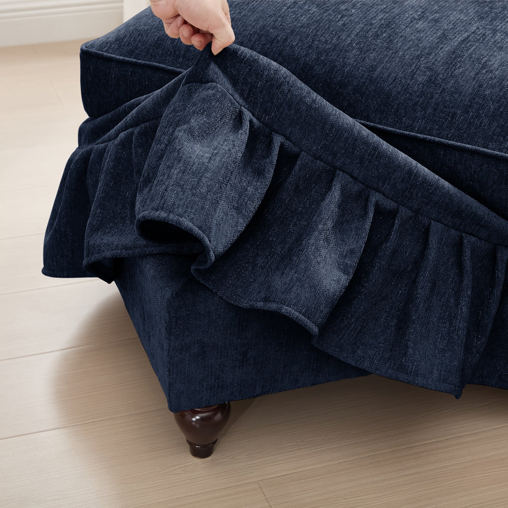 Classic U Shape 4 Seater Modular Sectional Sofa Couch with Flared Arms and Removable Ruffles Pleats Skirts and Spindle Legs, Chenille Deep Seat Cloud Sofa with Movable Ottomans, Blue
