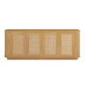 Contemporary Wave-Shaped TV Stand with Rattan Doors, Natural Wood Finish, 64''W x 15''D x 24''H